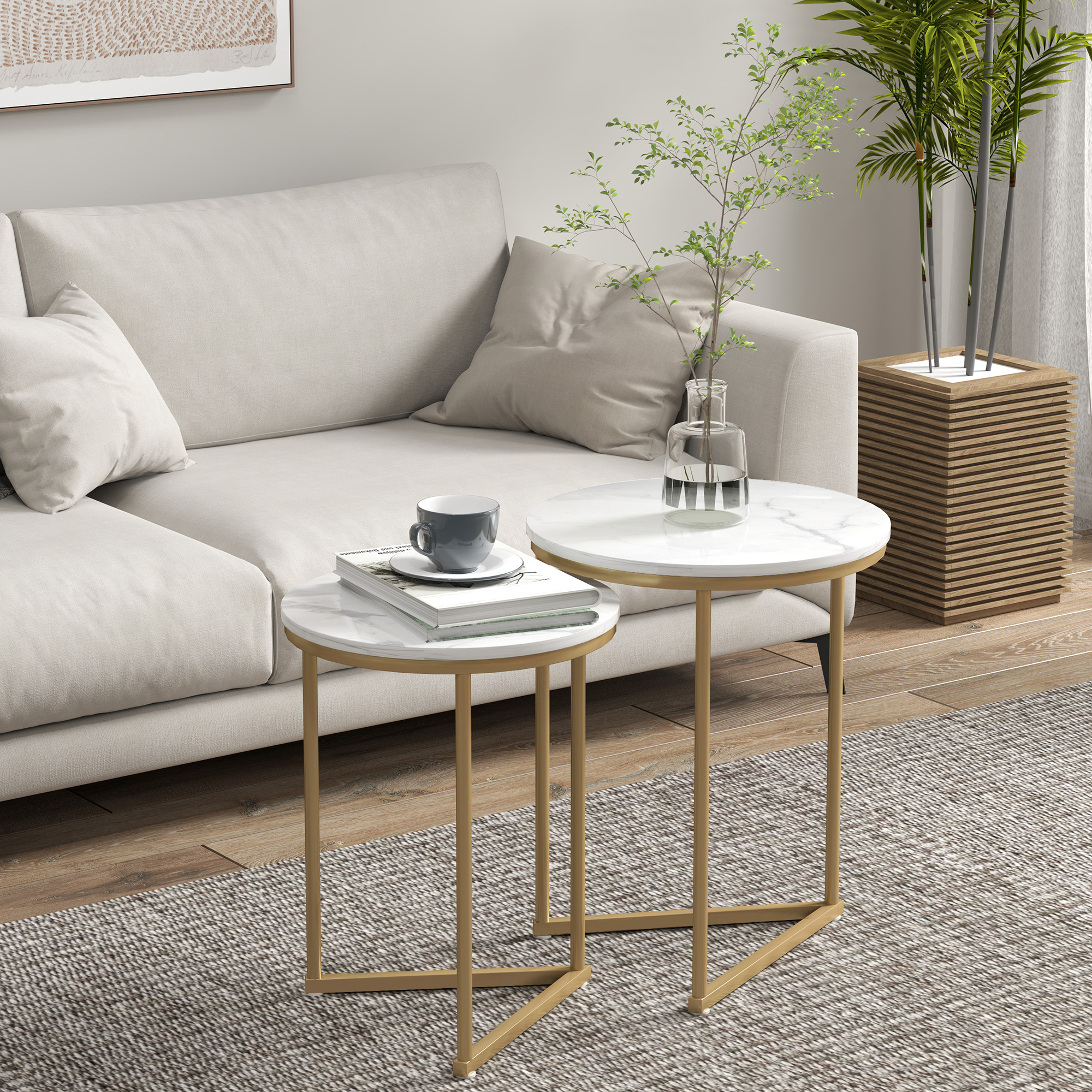 2-osainen sivupöytäsetti, kullanvärinen, MDF ja teräs, valkoinen marmorikuvio - Image 7