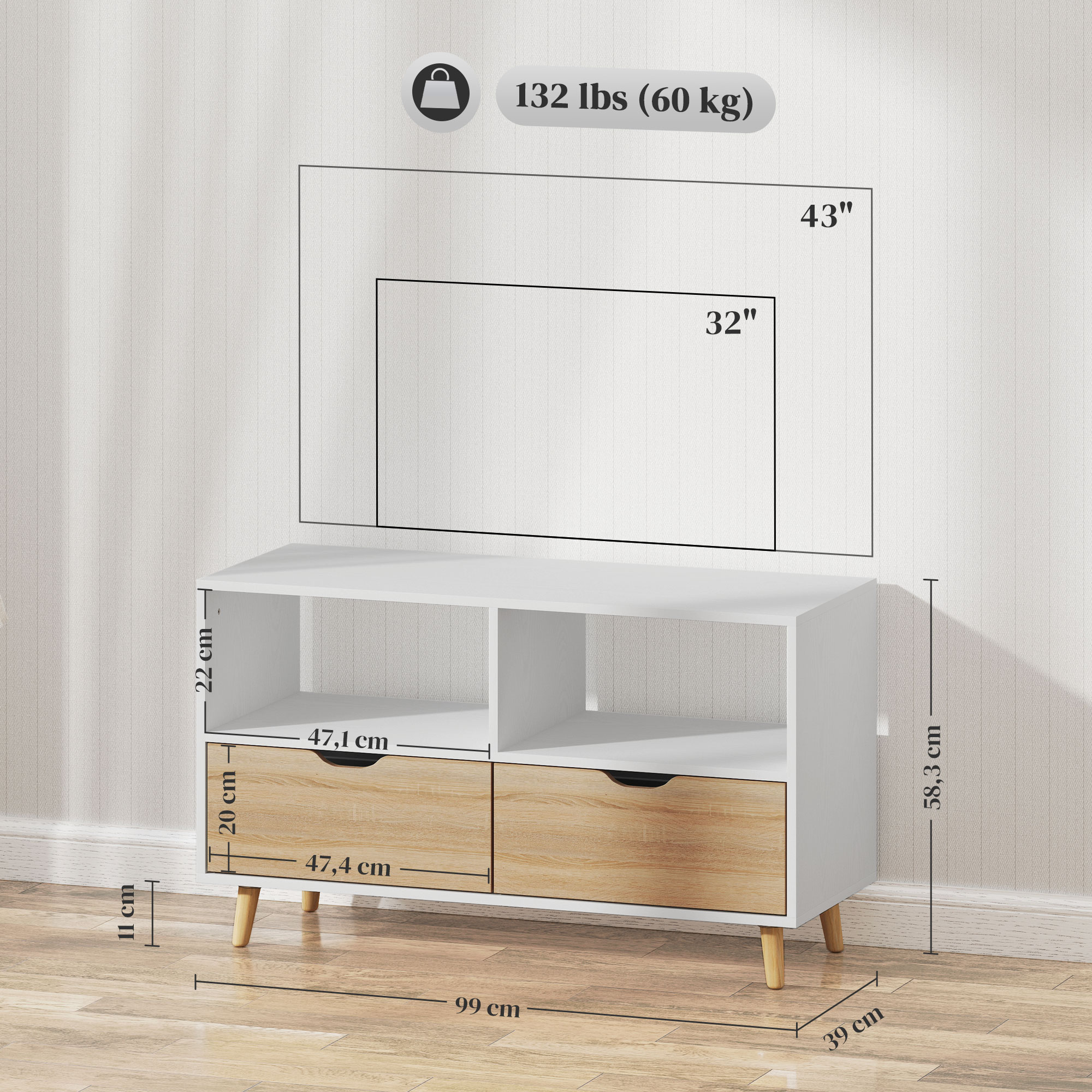 TV spintelė su stalčiais ir atviromis lentynomis, balta, 99 x 39 x 58,3 cm - Image 3