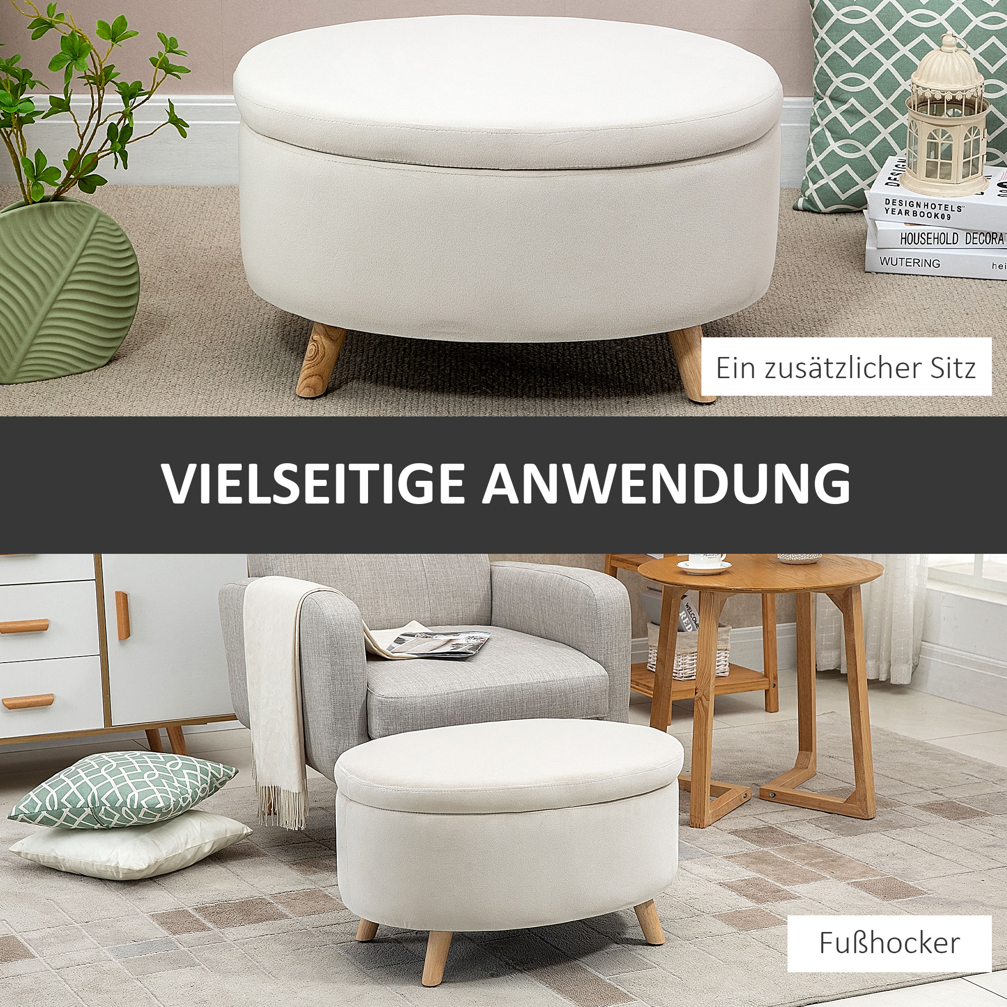 Säilytyslaatikollinen istuinpenkki, ovaali muoto, samettimainen pinta, beige, 71 x 51,5 x 42 cm - Image 5