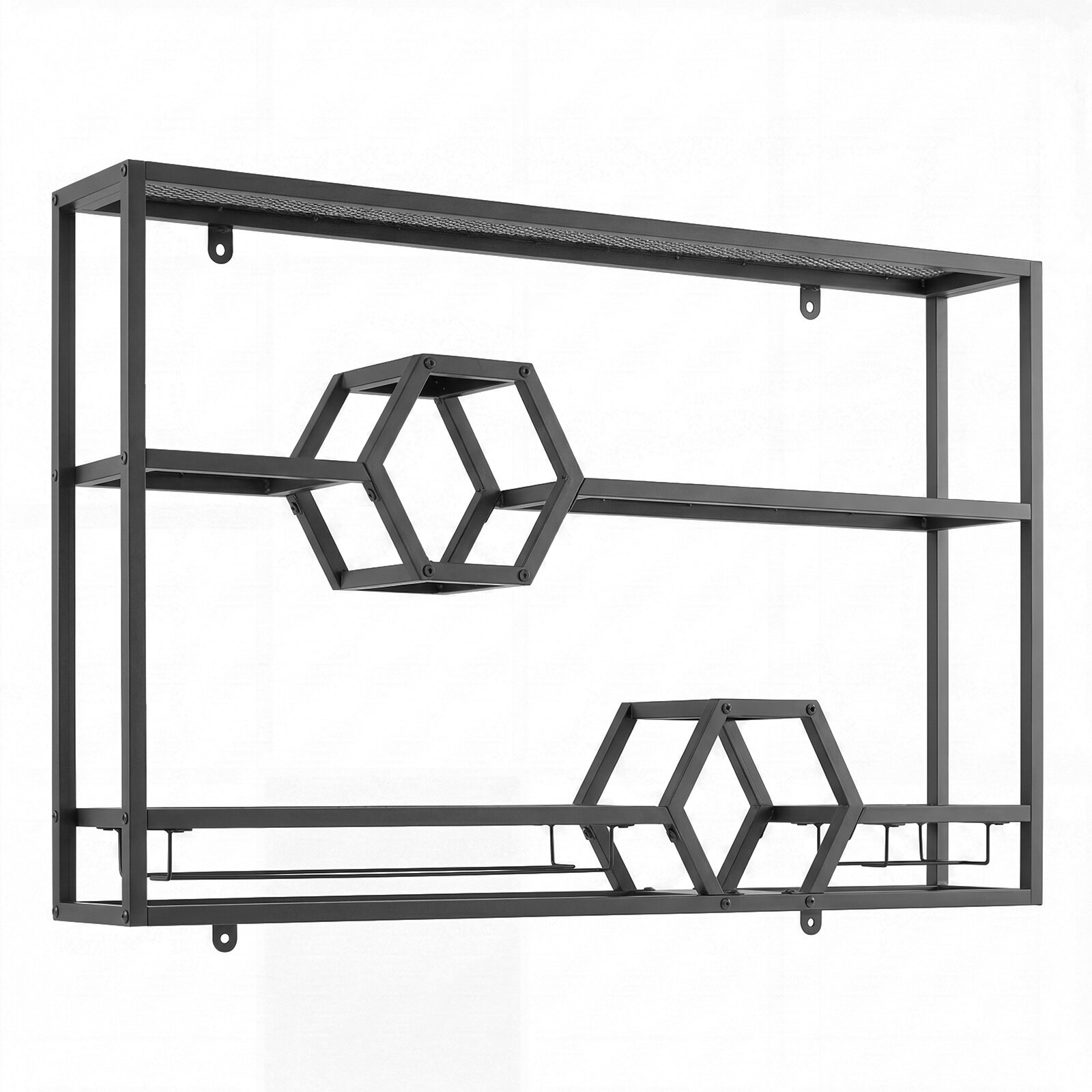 Pie sienas stiprināms 3 līmeņu metāla pudeļu plaukts ar glāžu turētāju, melns, 120 x 20 x 77 cm - Image 5