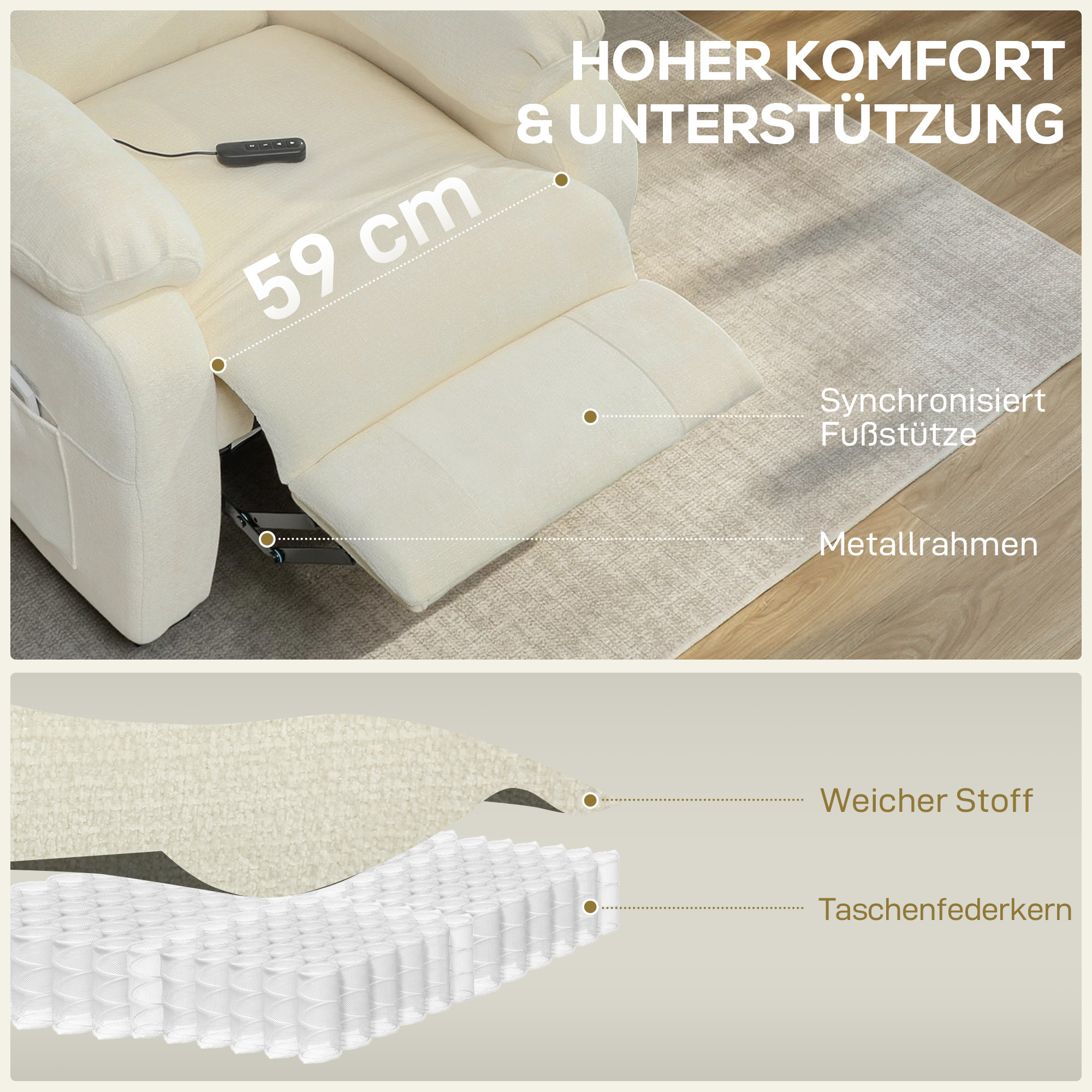 Sähköinen lepotuoli jalkatuella, sametti, valkoinen, 96 x 90 x 105 cm - Image 5