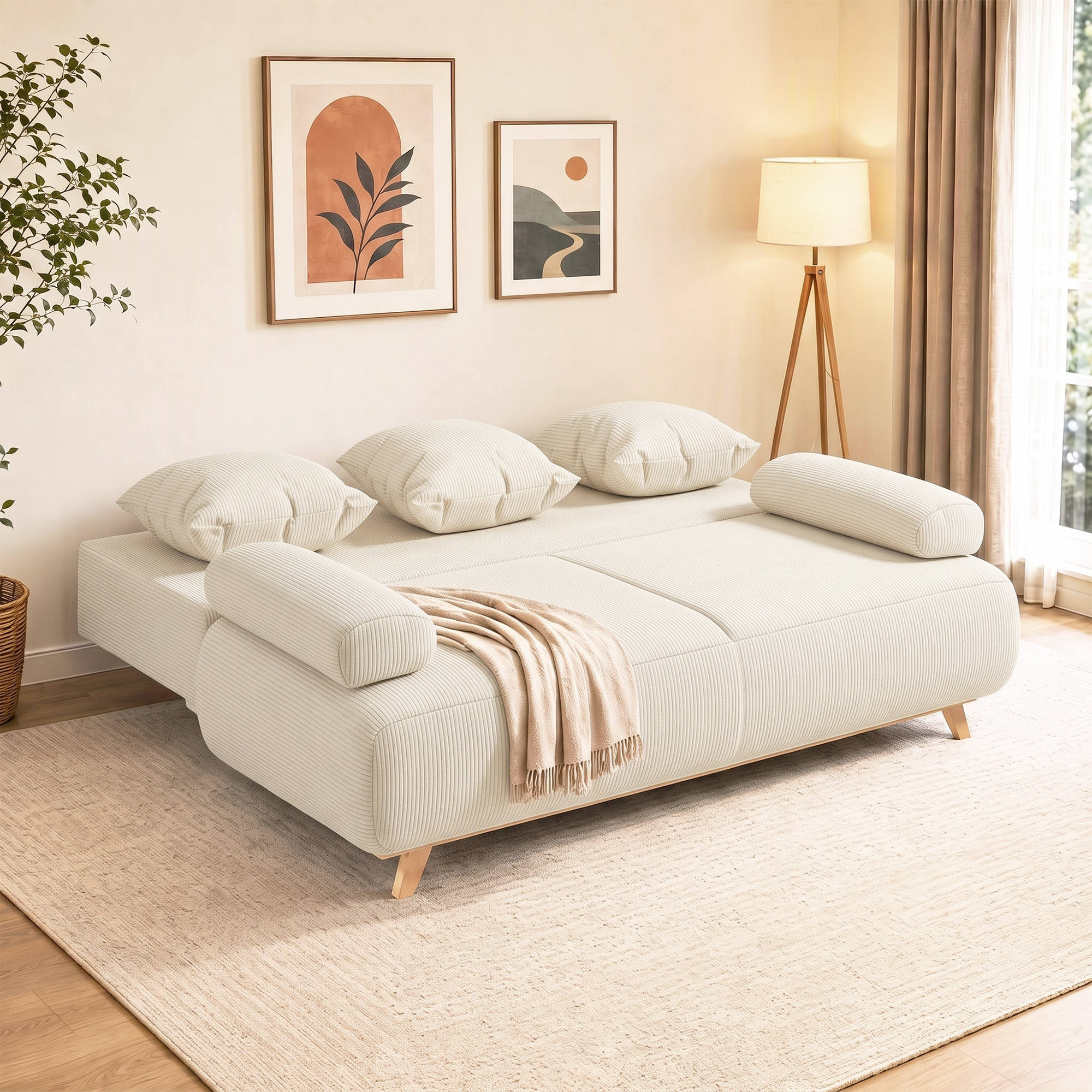 Sofa-lova su reguliuojamu atlošu, paslėpta daiktadėže ir velvetiniu korduro užvalkalu, smėlinė, 188 x 100 x 84 cm - Image 8