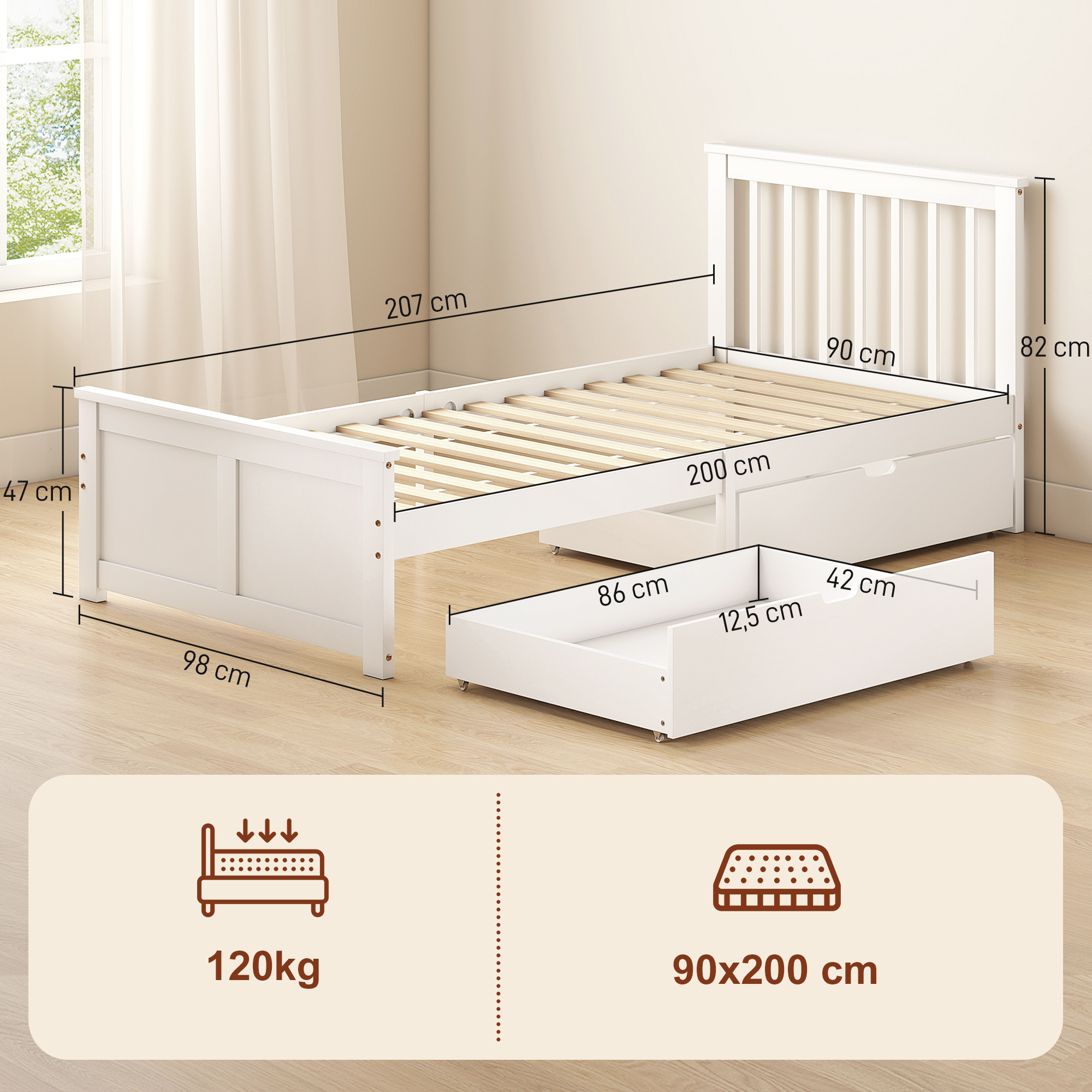 Viengulės lovos rėmas su stalčiais, medinis, baltas, 90 x 200 cm - Image 3