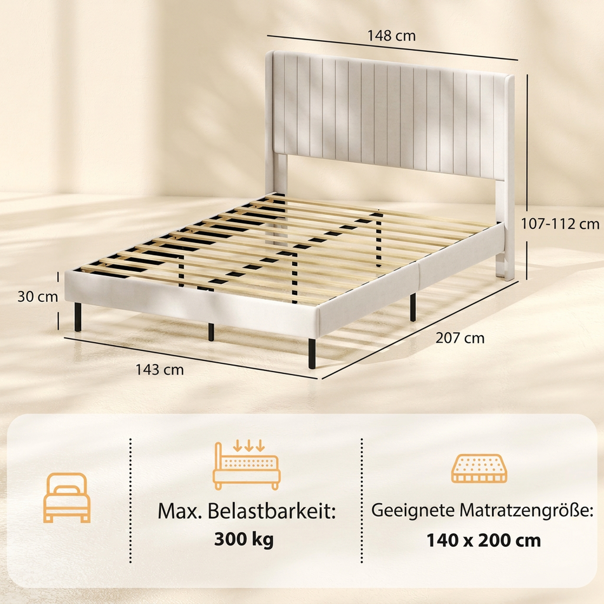 Gultas rāmis 140 x 200 cm ar regulējamu galvgali, bēšs - Image 3