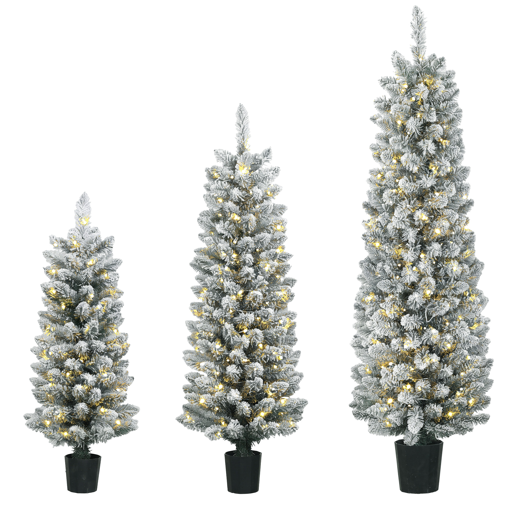3-osaline kitsaste LED kunstjõulukuuskede komplekt lumise PVC-okstega, 90/120/150 cm