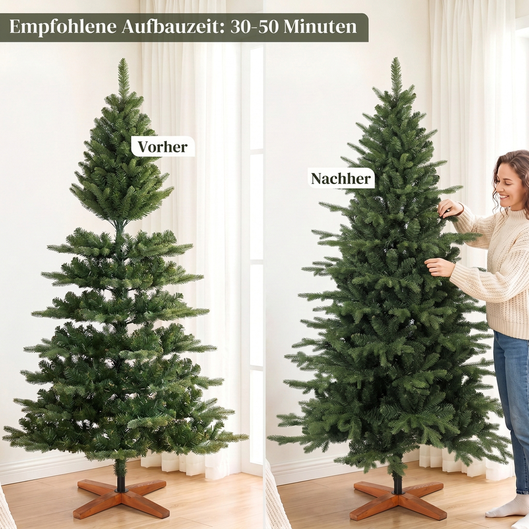 Dirbtinė Kalėdų eglutė su sulankstomu mediniu stovu, žalia, 180 cm - Image 7