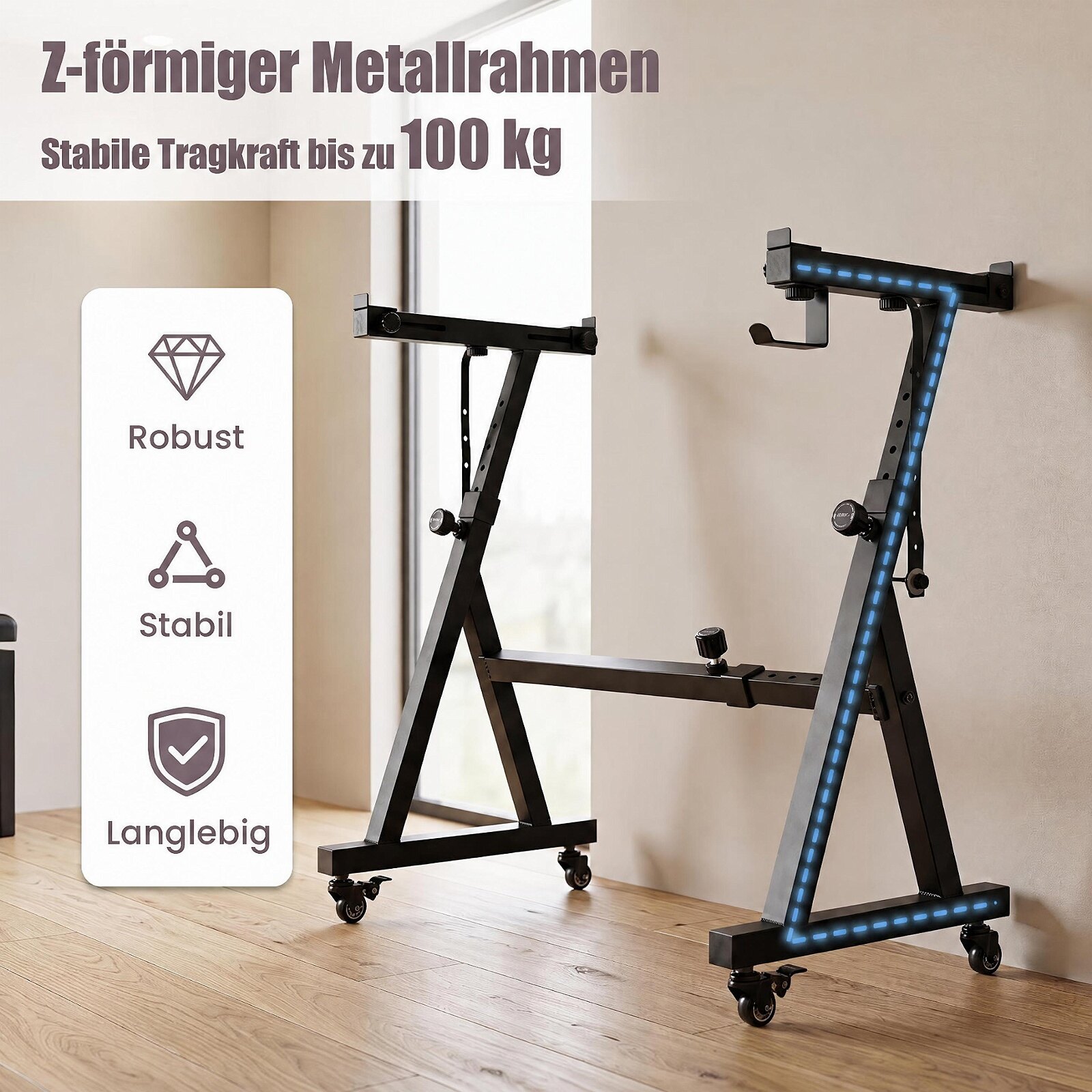 Regulējams klaviatūras statīvs, melns, 49-88 taustiņiem, 59,5-90,5 x 51,5 x 62-94 cm - Image 5