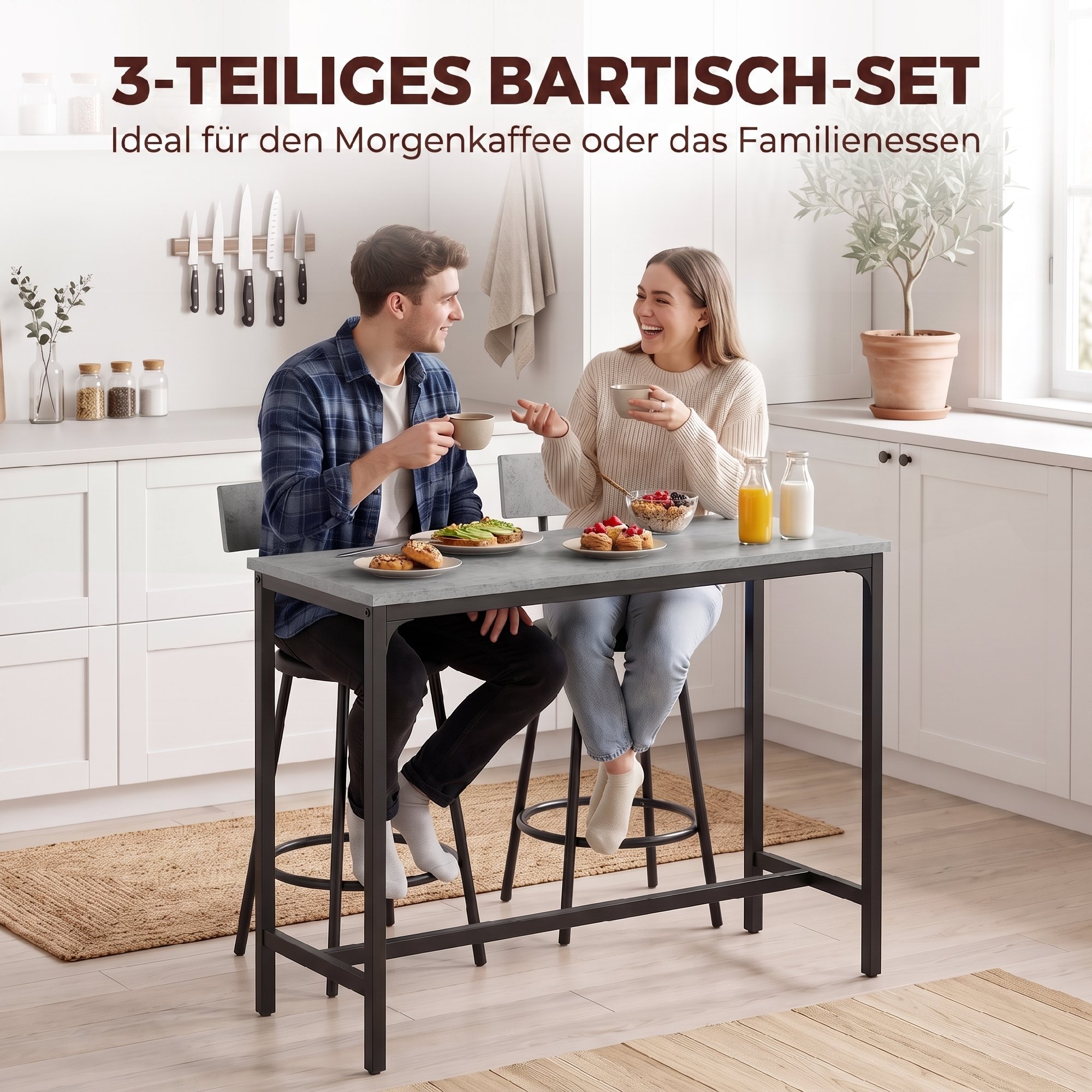 Bāra galda komplekts ar 2 polsterētām taburetēm, pelēks, 100 x 40 x 90,5 cm - Image 4