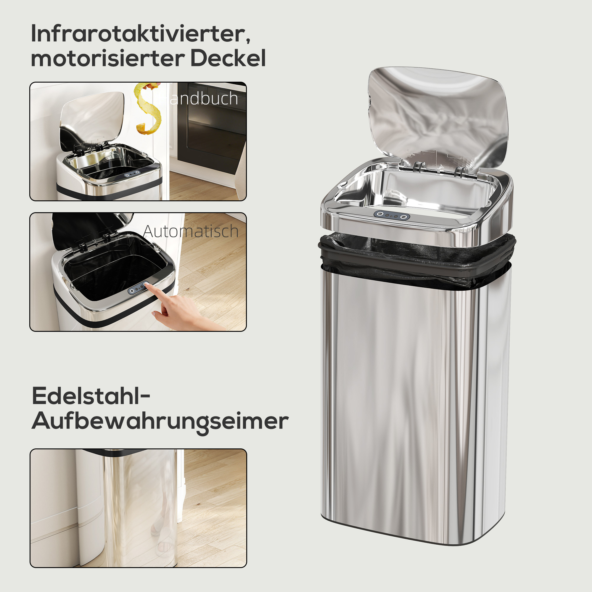 Sensorinė šiukšliadėžė 30 l, nerūdijantis plienas ir plastikas, sidabrinė, 33 x 25 x 57,5 cm - Image 6