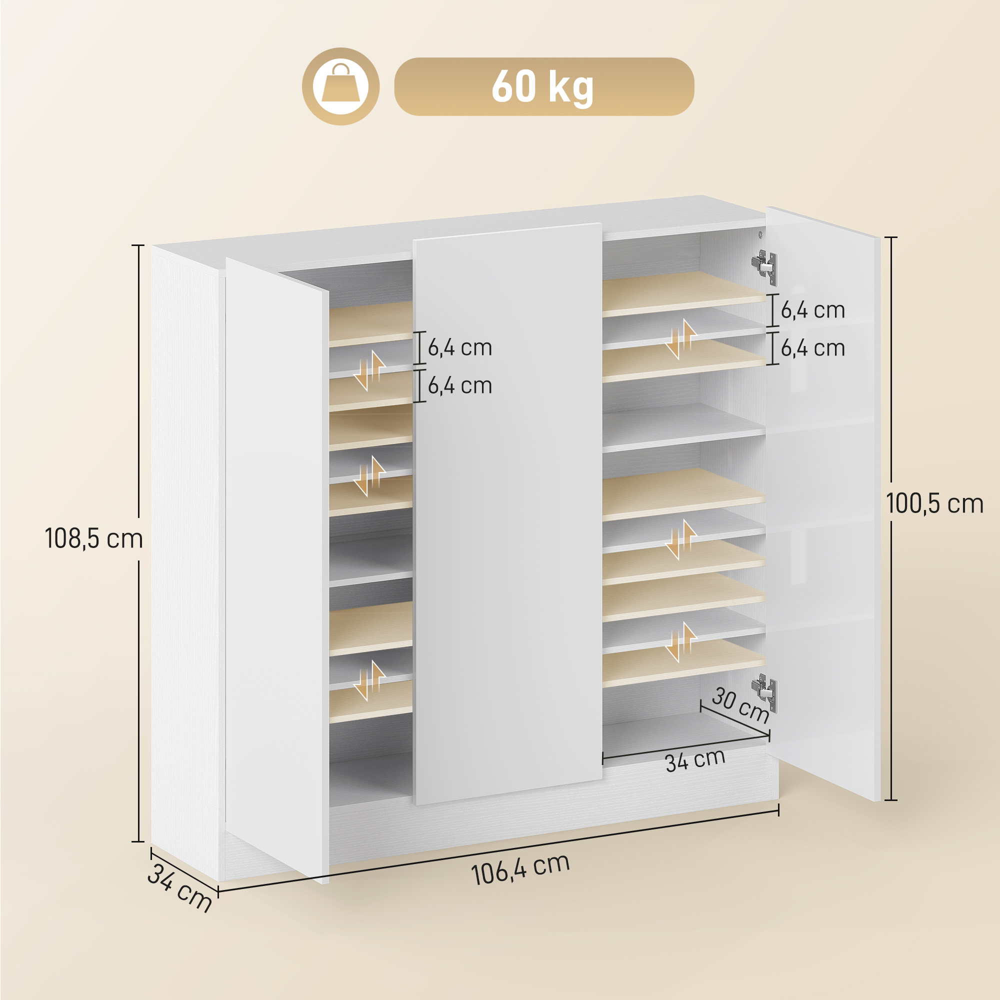 5 līmeņu apavu skapis līdz 30 pāriem, regulējami plaukti, balts, 106,4 x 34 x 108,5 cm - Image 3