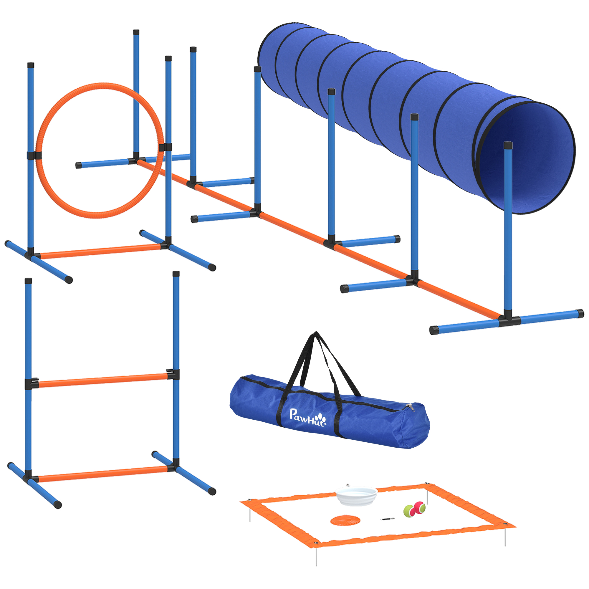 Koerte agility treeningkomplekt, 8-osaline, tunneli, slaalomipostide, reguleeritavate tõkete, hüpperõnga ja kausiga, oranž/sinine/must