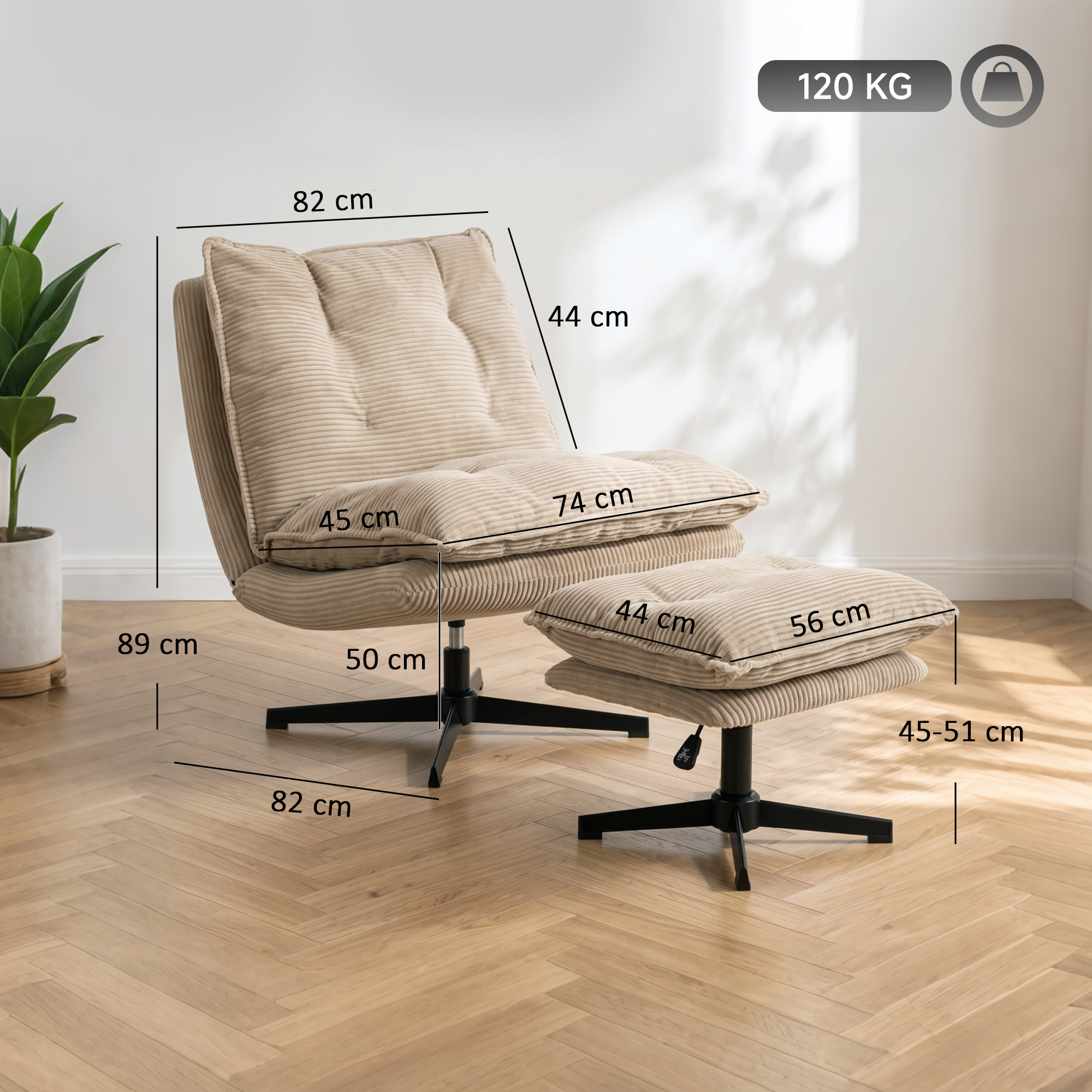 Kääntyvä lepotuoli rahilla, beige, vakosamettikangas, 74 x 82 x 89 cm - Image 3