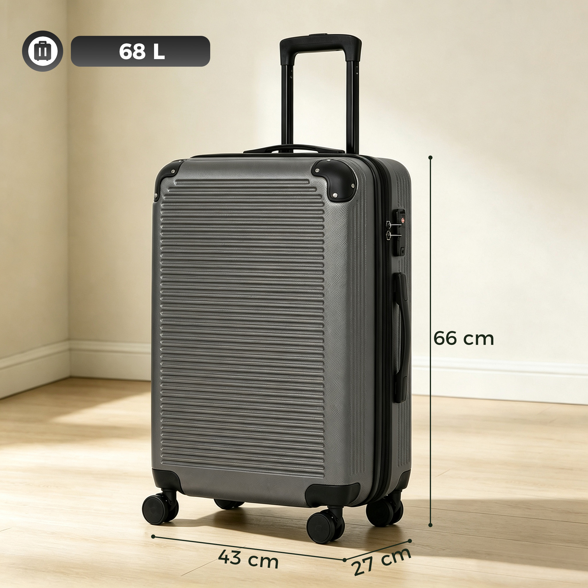 Cietās čaulas koferis ar 4 riteņiem un TSA slēdzeni, tumši pelēks, 68 l, 66 cm - Image 3