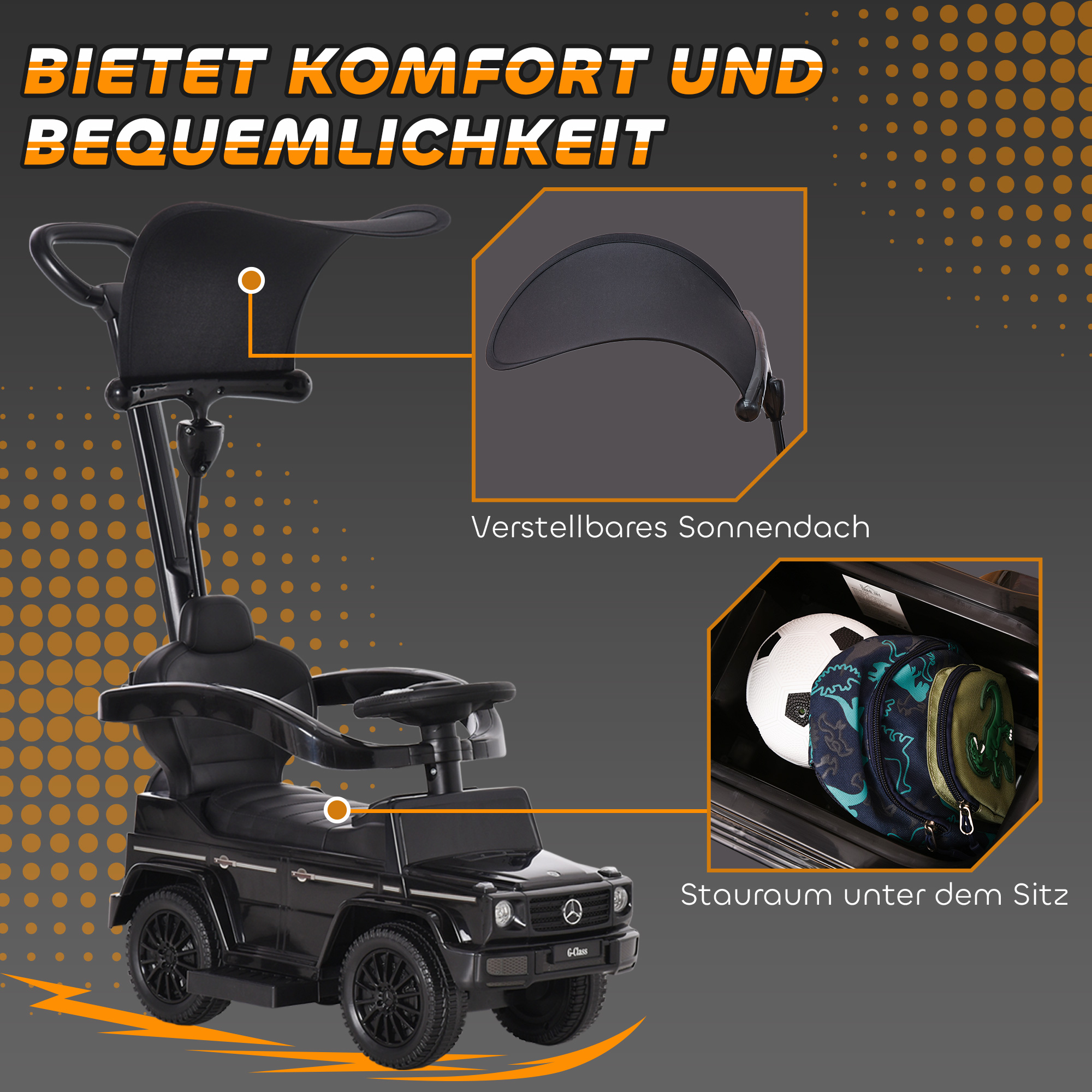 Mercedes-Benz G350 stumiamas važiuoklės automobilis su vairu, 3 viename, juodas, 85,5 x 40,5 x 95 cm - Image 6