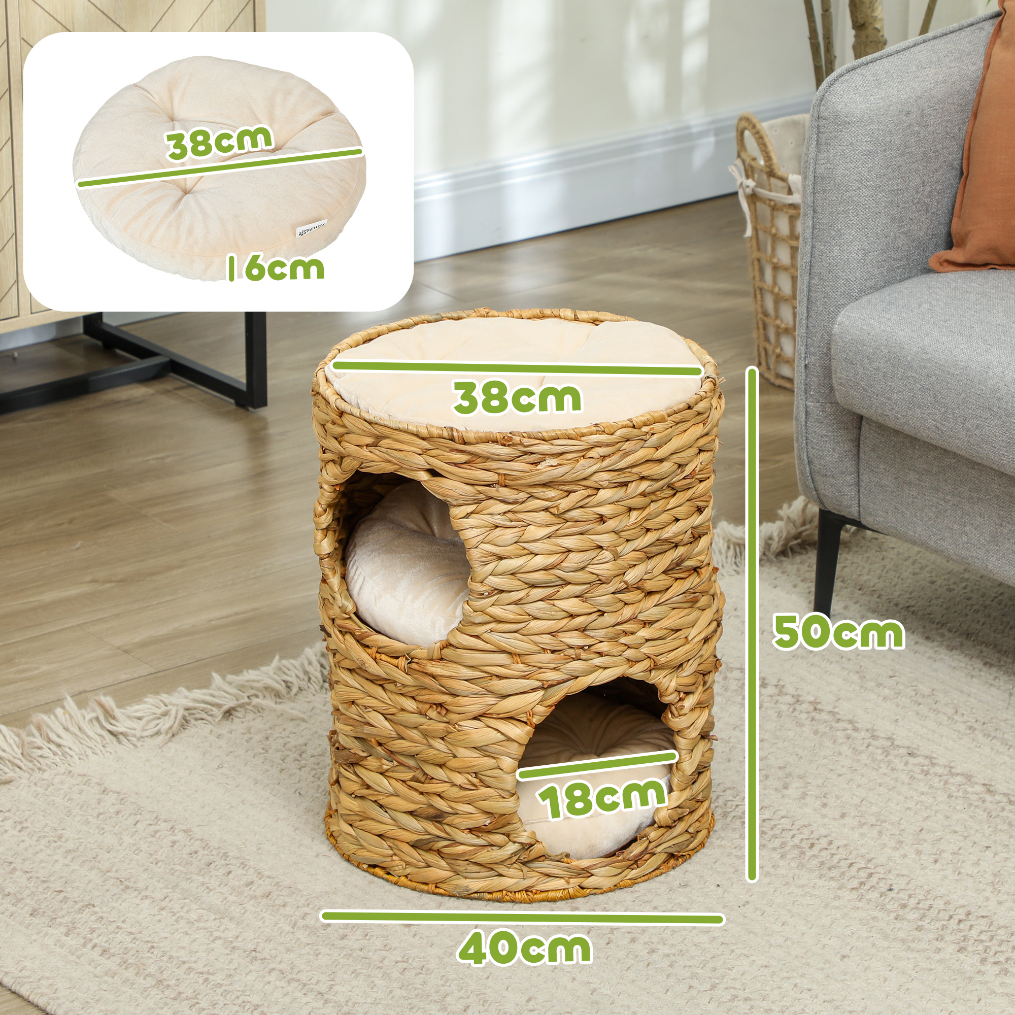 Kaķu skrāpēšanas tornis ar guļvietu, 50 cm, 2 alām, spilvenu, gaiši brūns, ūdens hiacinte - Image 3
