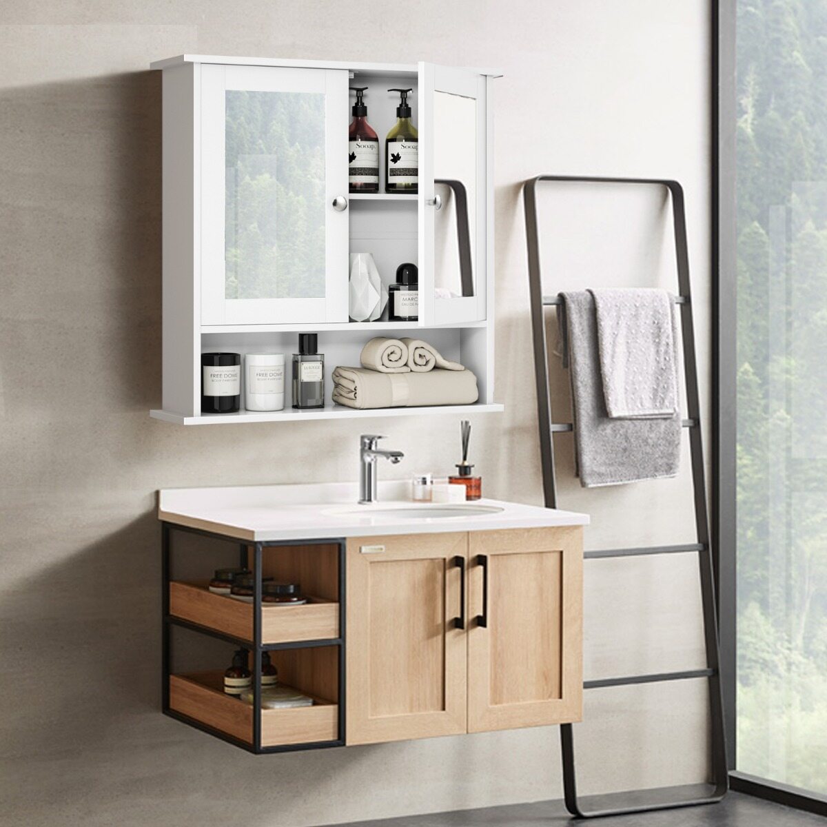 Seinale kinnitatav peeglitega kapp, MDF, valge, 56 x 13 x 58 cm