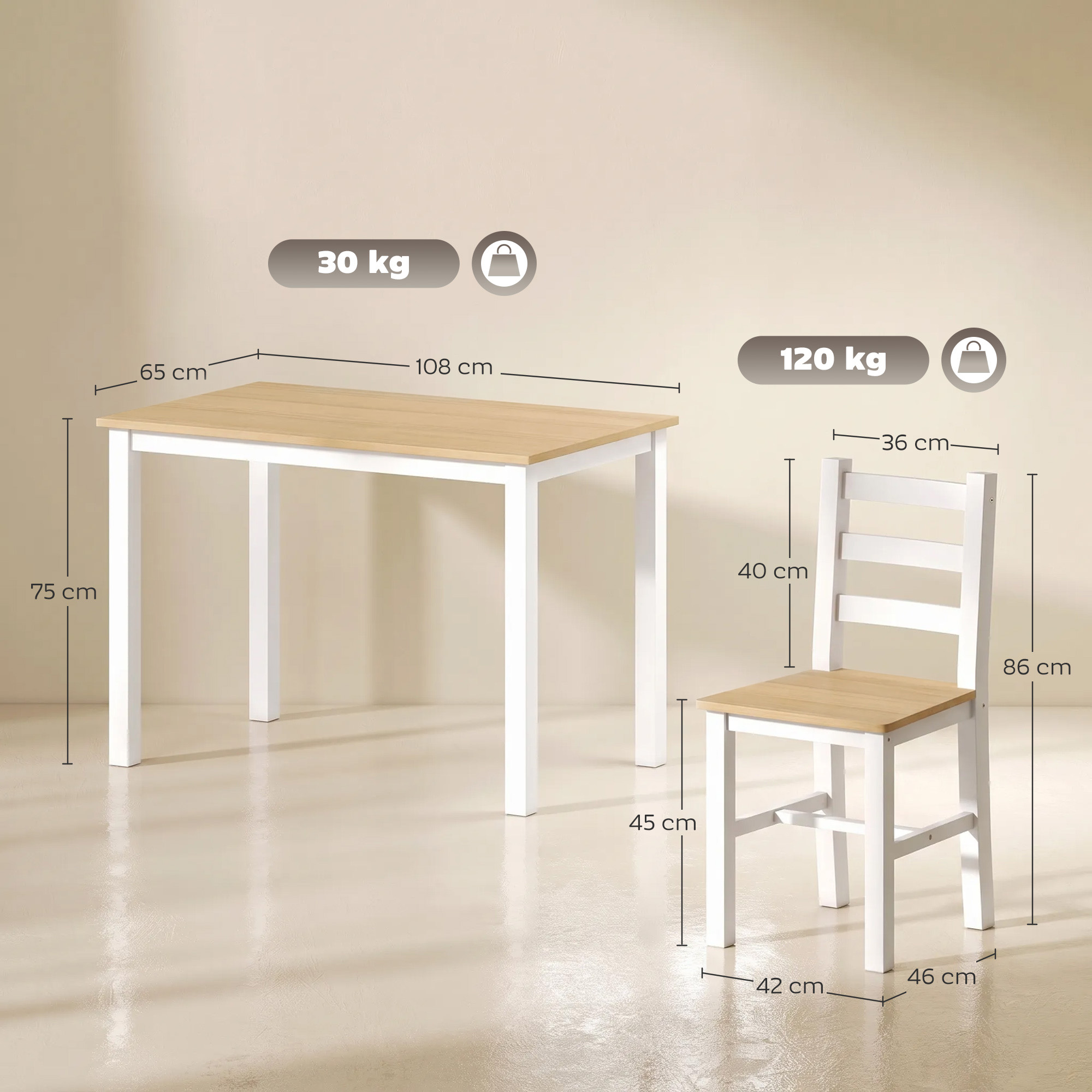 5 daļu ēdamistabas komplekts 4 personām, masīvkoka priede, dabīgā/baltā krāsā, galds 108 x 65 x 75 cm - Image 3