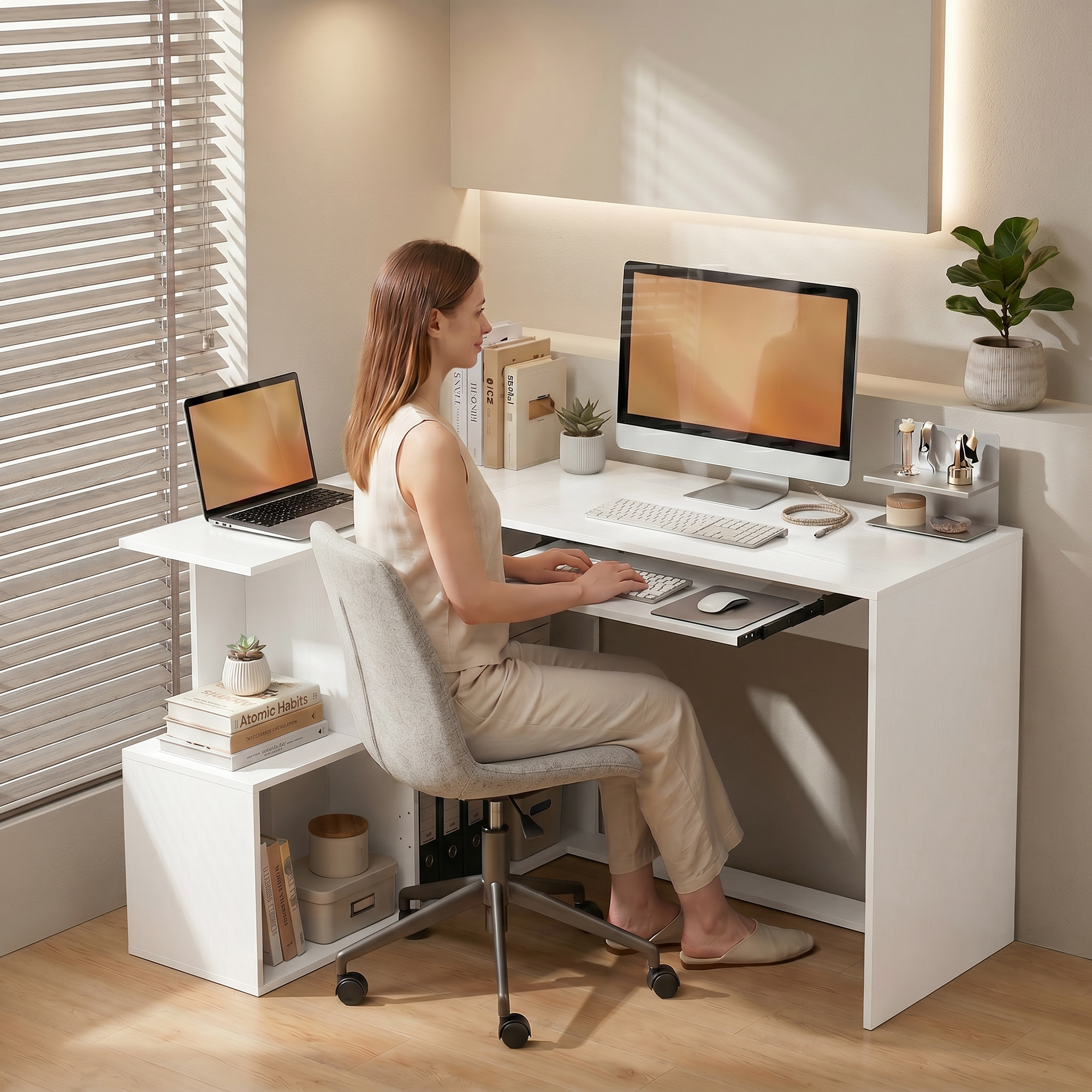 Stūra rakstāmgalds ar tastatūras plauktu un atvērtiem plauktiem, balta koka imitācija, 120 x 100 x 76 cm - Image 8