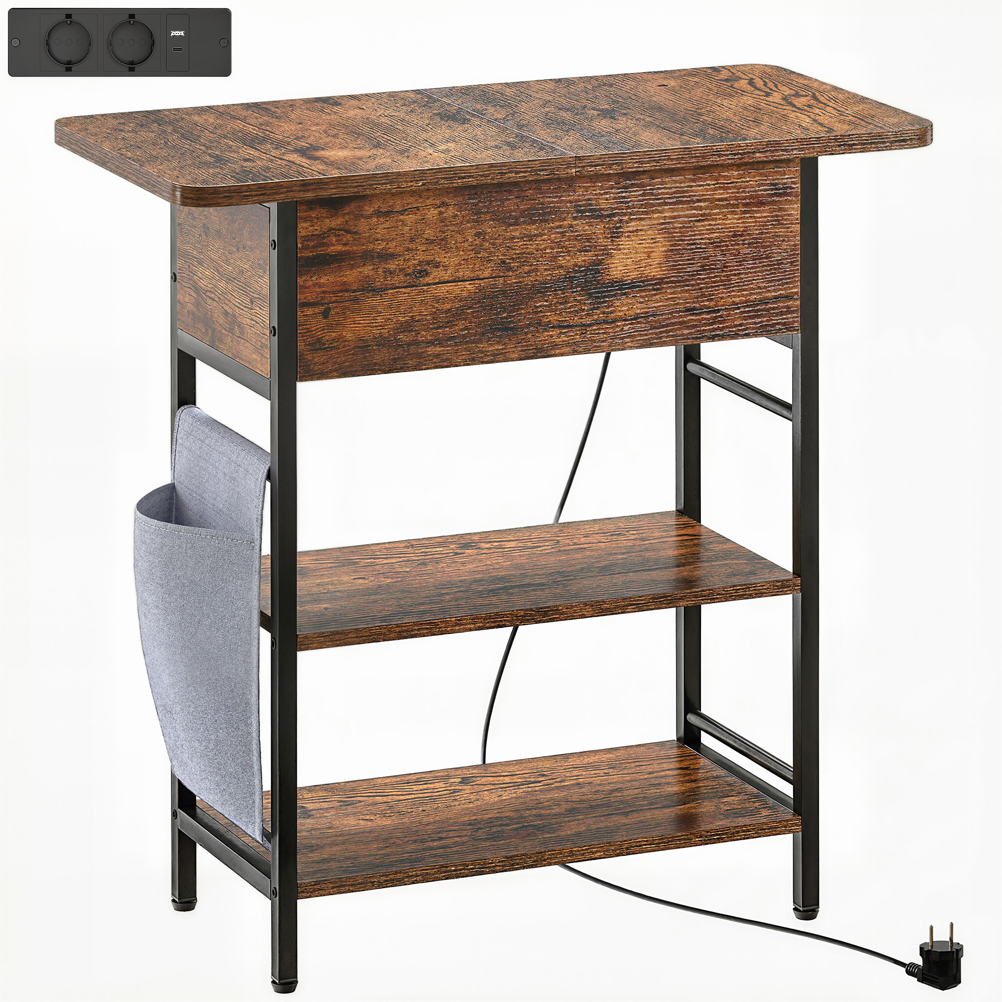 Sivupöytä latausasemalla, 2 tasoa, USB-liitännät, 60 x 29,8 x 58,5 cm, rustiikkinen ruskea