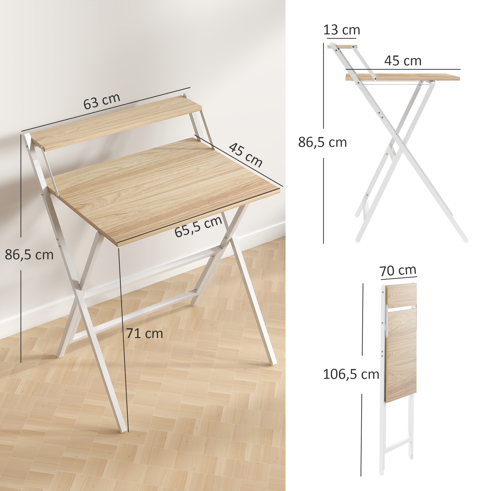 Sulankstomas kompiuterio stalas su monitoriaus lentyna, 70 cm, medžio atspalvio ir baltas - Image 3