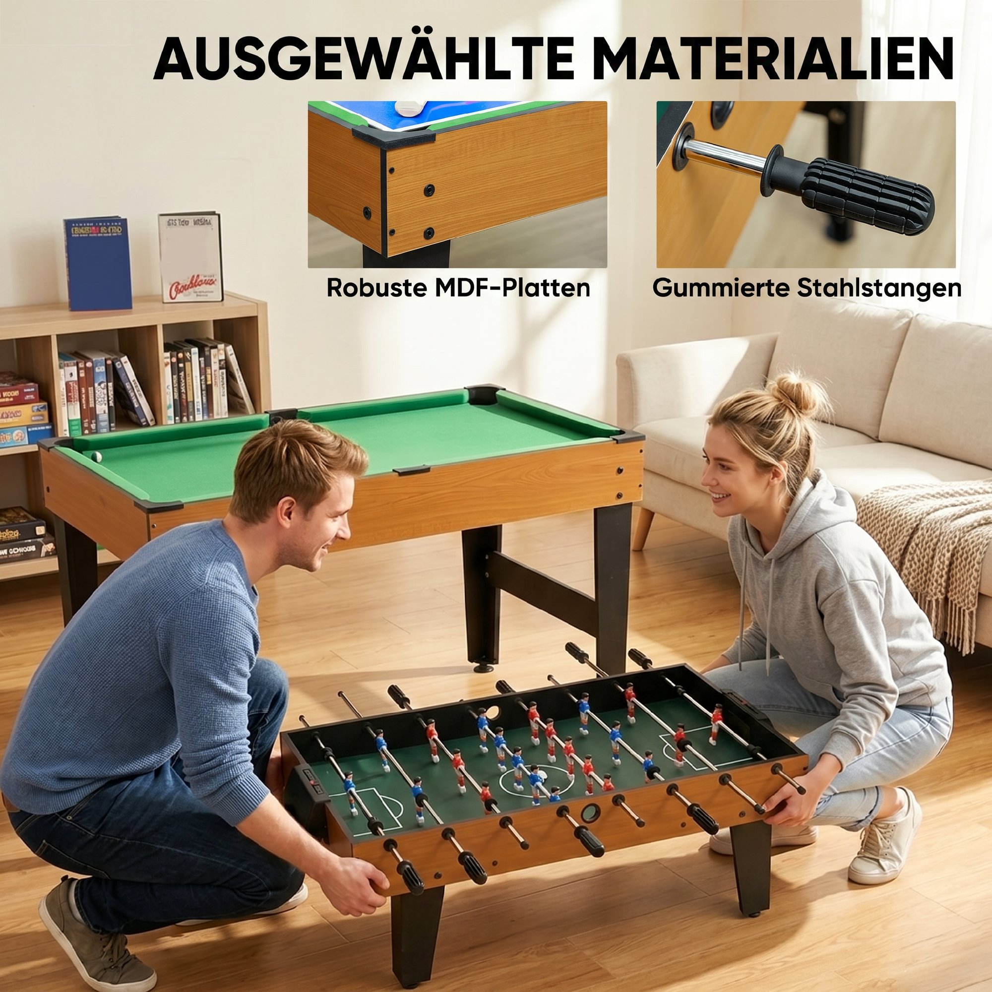 4-in-1 spēļu galds, galda futbols, galda teniss, biljards, galda hokejs, MDF, tērauds, dabīgais koks + melns - Image 7