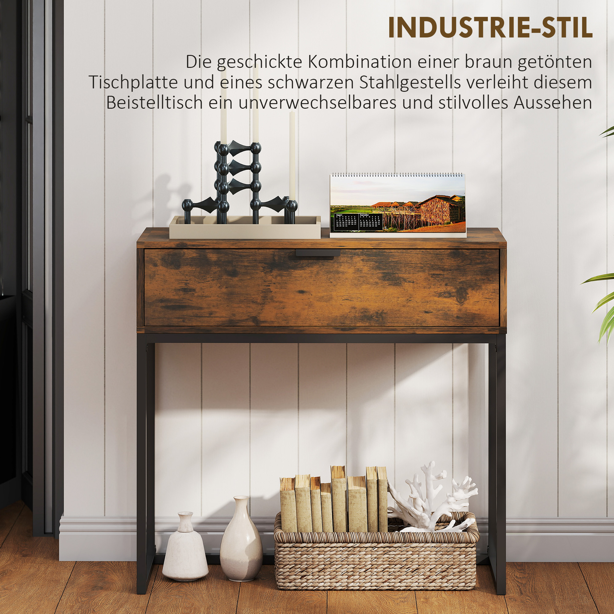 Konsolipöytä laatikolla, teollinen tyyli, ruskea-musta, 80 x 30 x 76 cm - Image 4
