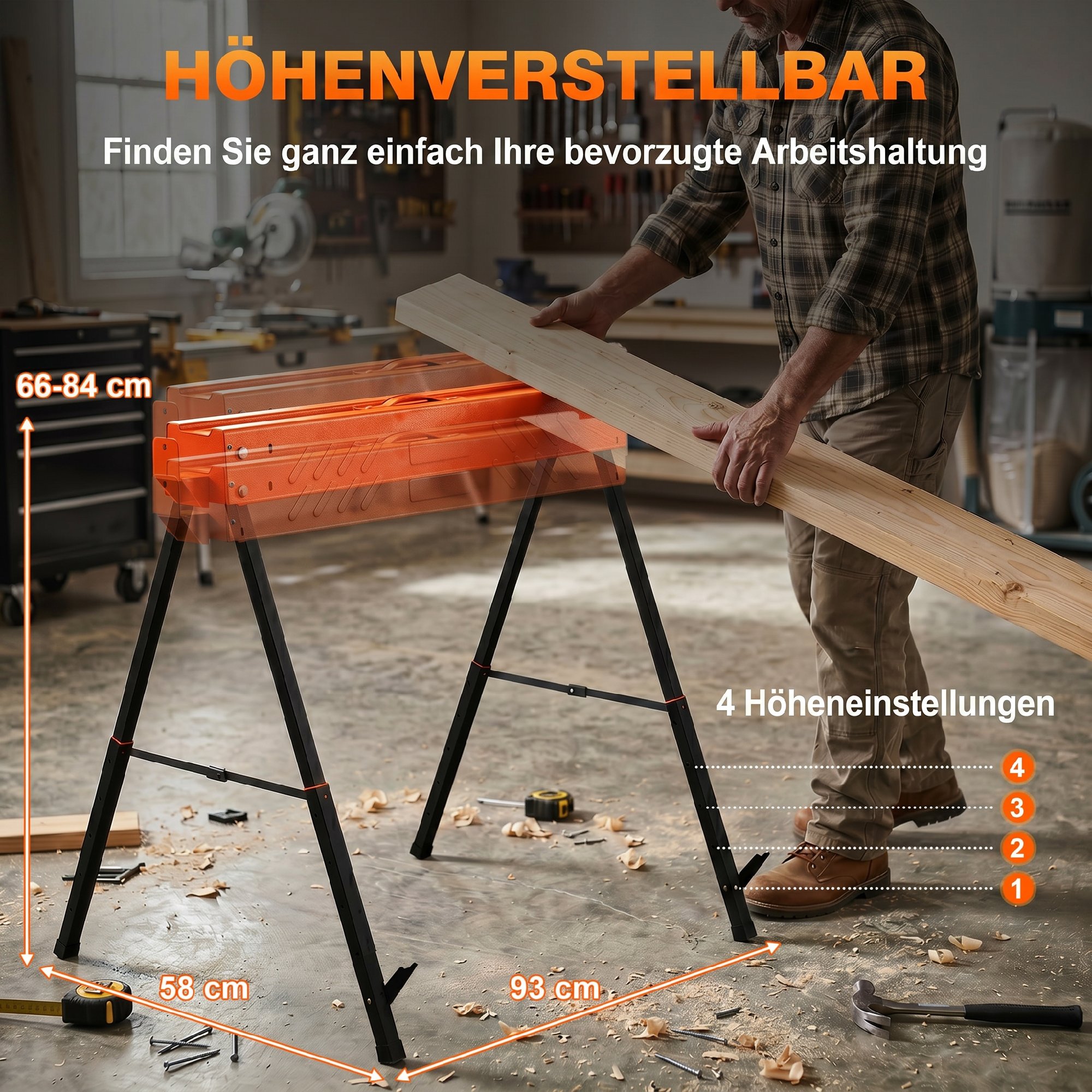 Taitettavat sahapukkia, 2 kpl, korkeussäädettävät, mustat, 93 x 50 x 71-85,5 cm - Image 5
