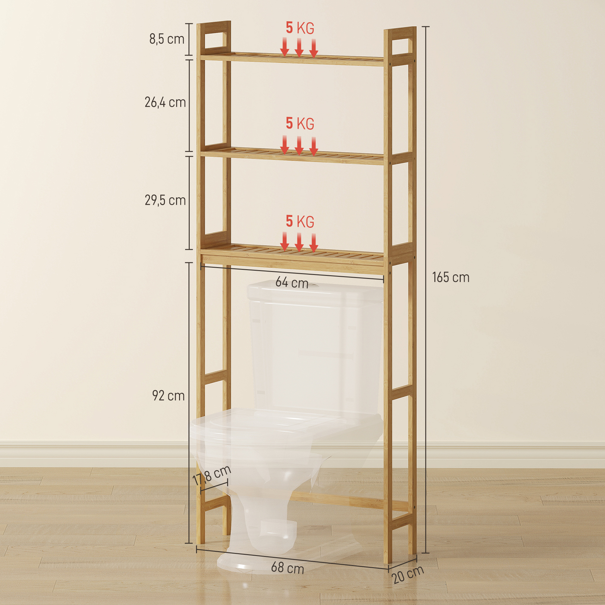 Vannas istabas plaukts virs tualetes, 3 plaukti, bambuss, dabīga koka krāsa, 68 x 20 x 165 cm - Image 3