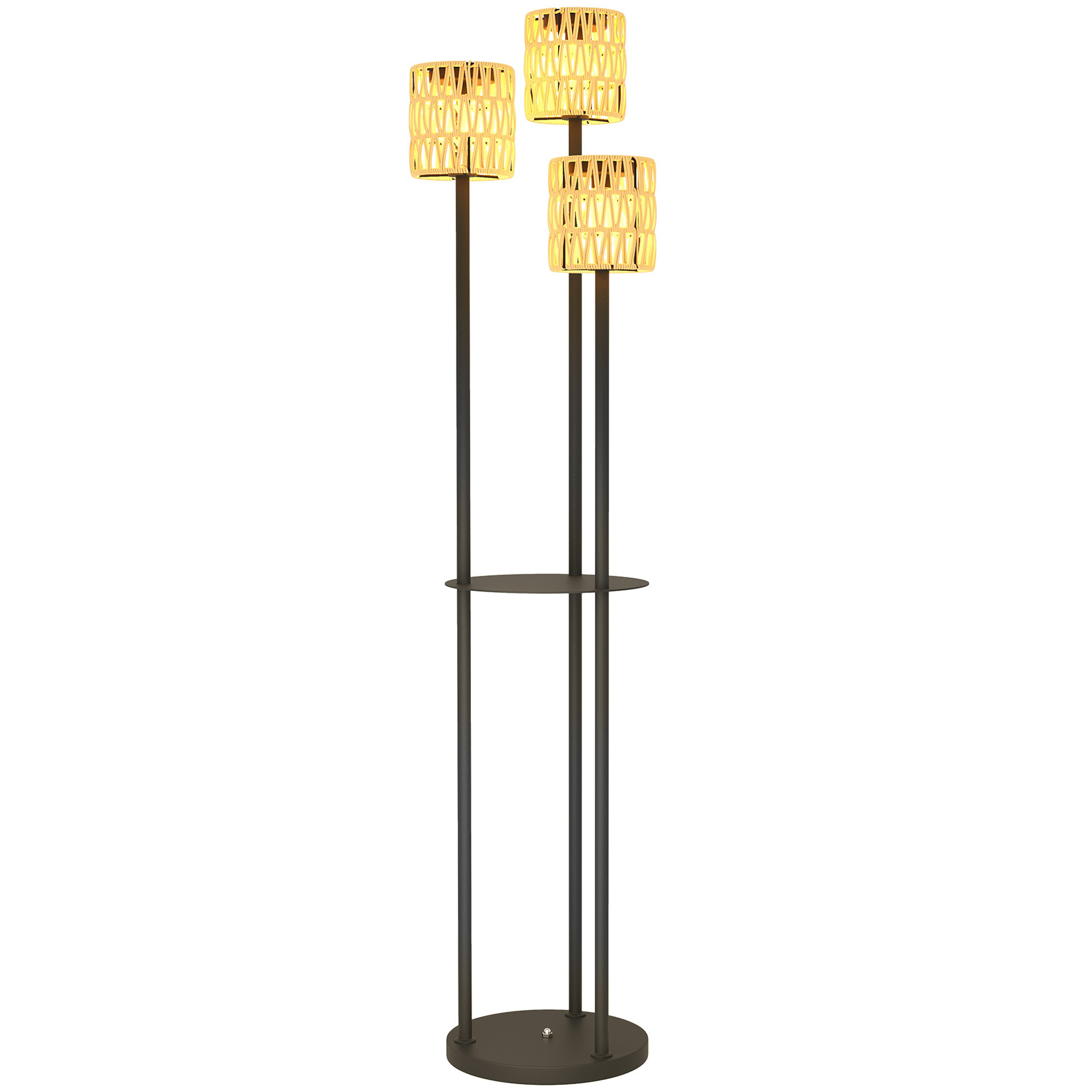 Päikeseenergial töötav põrandalamp riiuliga, PE-rotang, must ja kollane, Ø37 x 144 cm