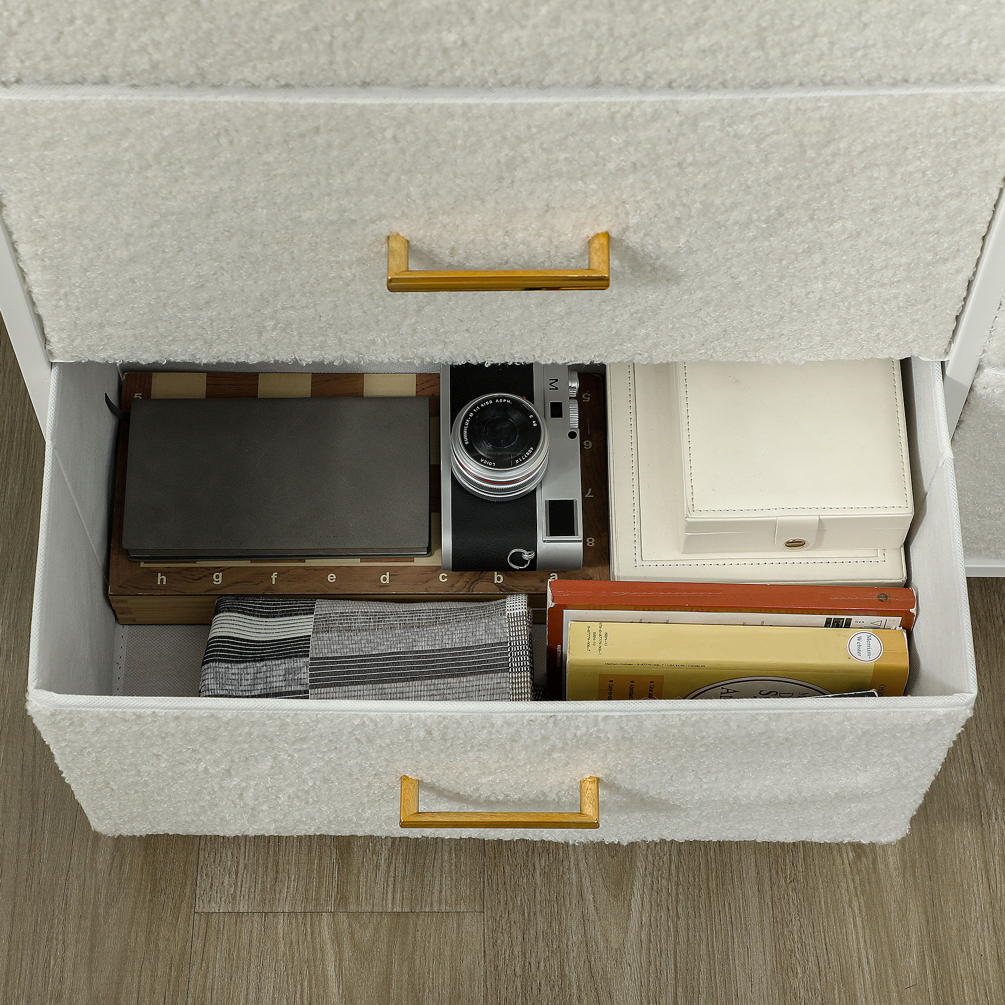 Auduma kumode ar 9 atvilktnēm, tērauda rāmis, krēmbalta, 100 x 30 x 99 cm - Image 9