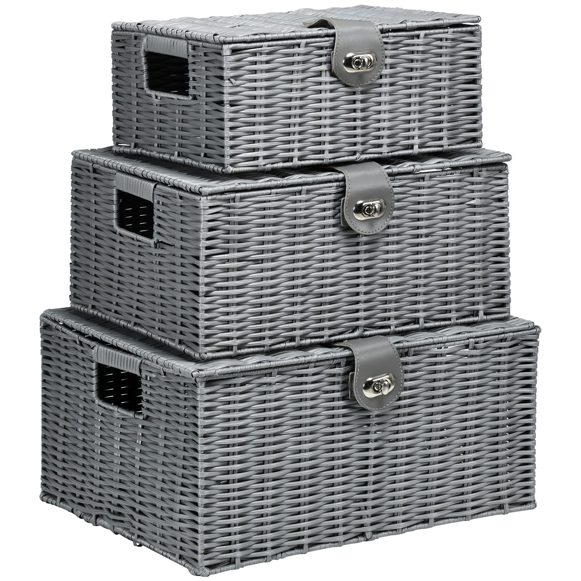 3-osaline hoiukorvide komplekt, hall, PE rattan, 35,5 x 28,5 x 18 cm
