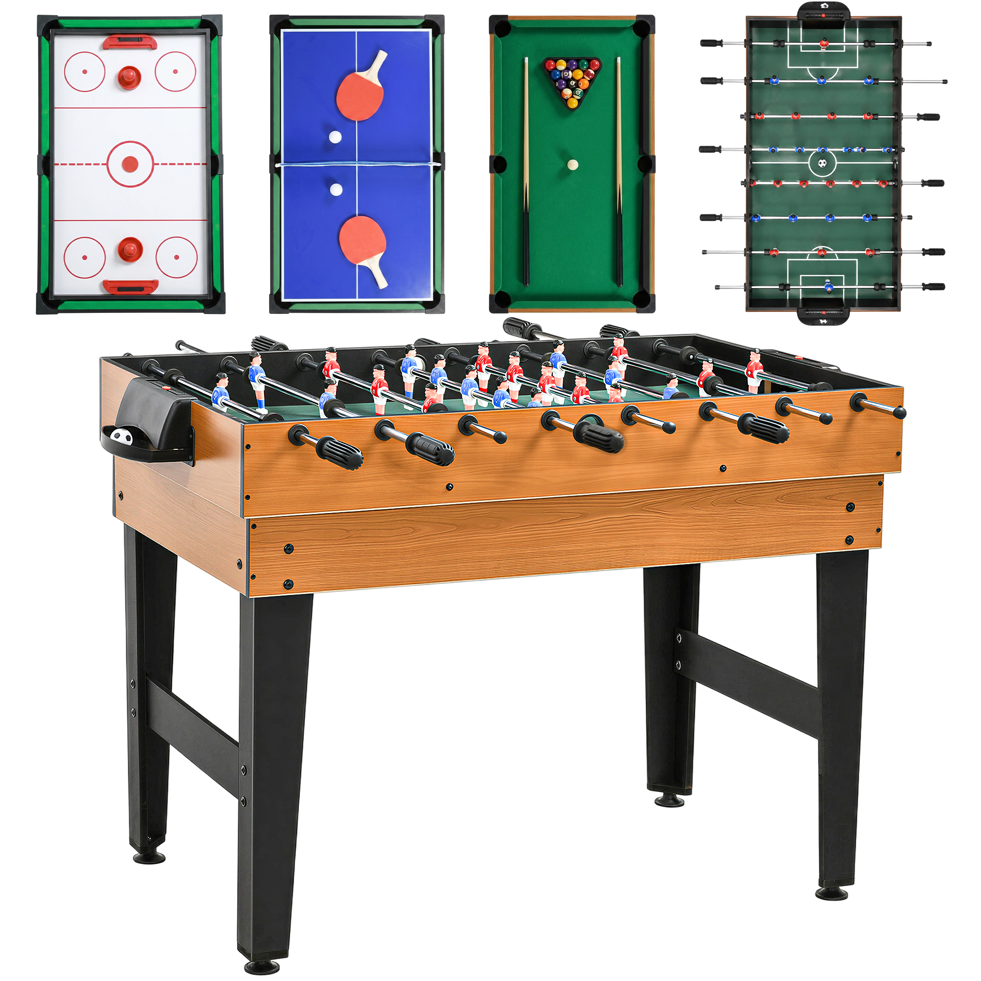 4-in-1 mängulaud, lauajalgpall, lauatennis, piljard, lauahoki, MDF, teras, naturaalne puit + must