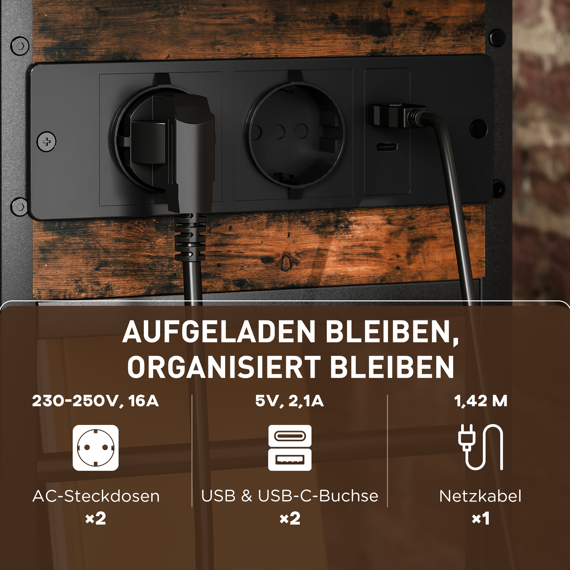 Sānu galdiņš ar uzlādes staciju, 2 līmeņi, USB pieslēgvietas, 60 x 29,8 x 58,5 cm, rustikāli brūns - Image 4