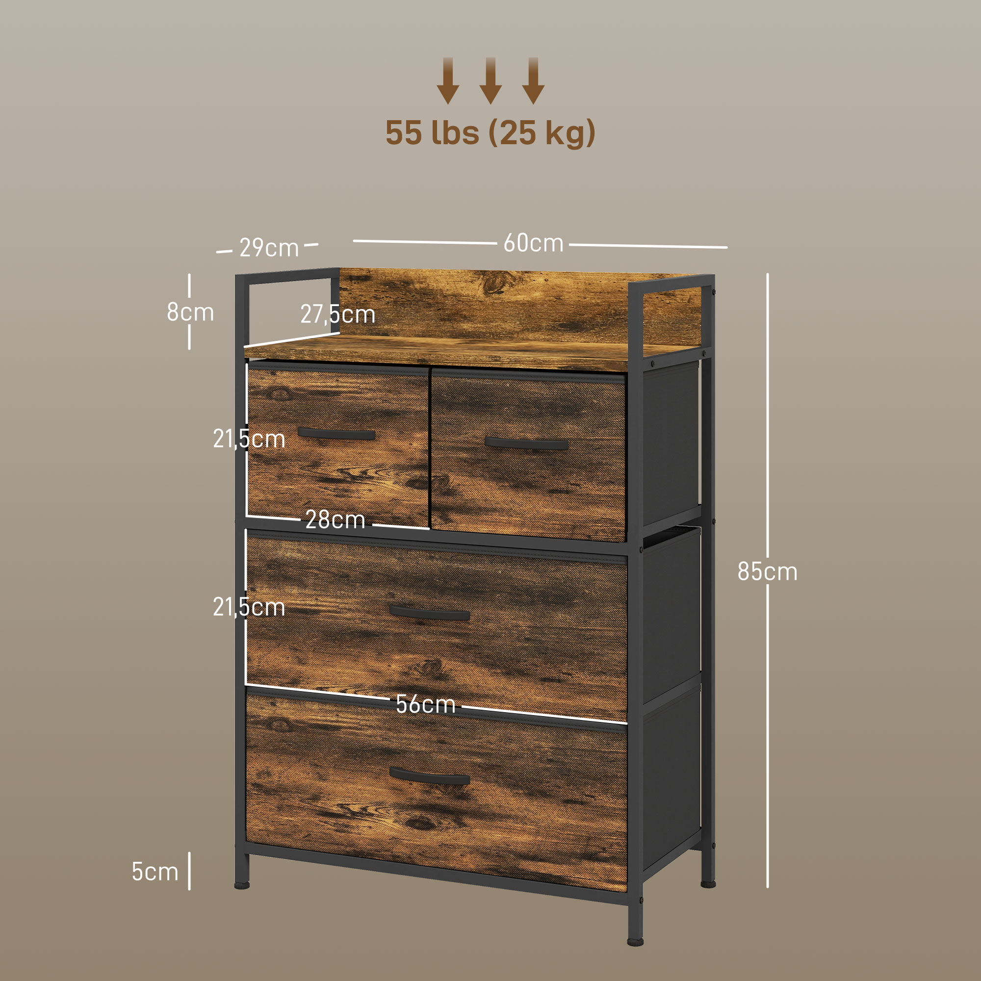 Komoda, 4 medžiaginiai stalčiai, industrinis stilius, 60 x 29 x 85 cm, ruda / juoda - Image 3
