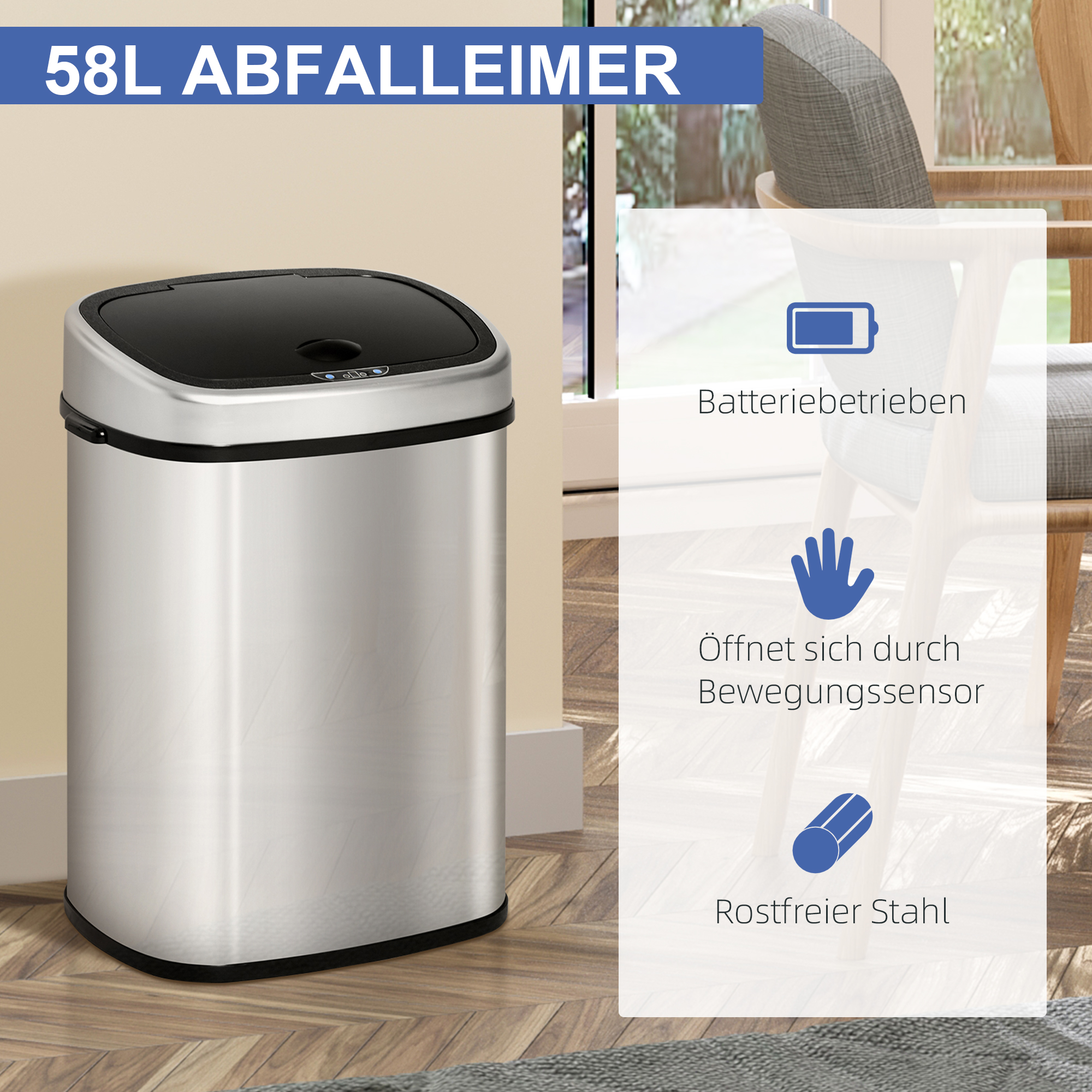 Sensorilla varustettu roskakori 58 L, hopea, ruostumaton teräs / ABS - Image 4
