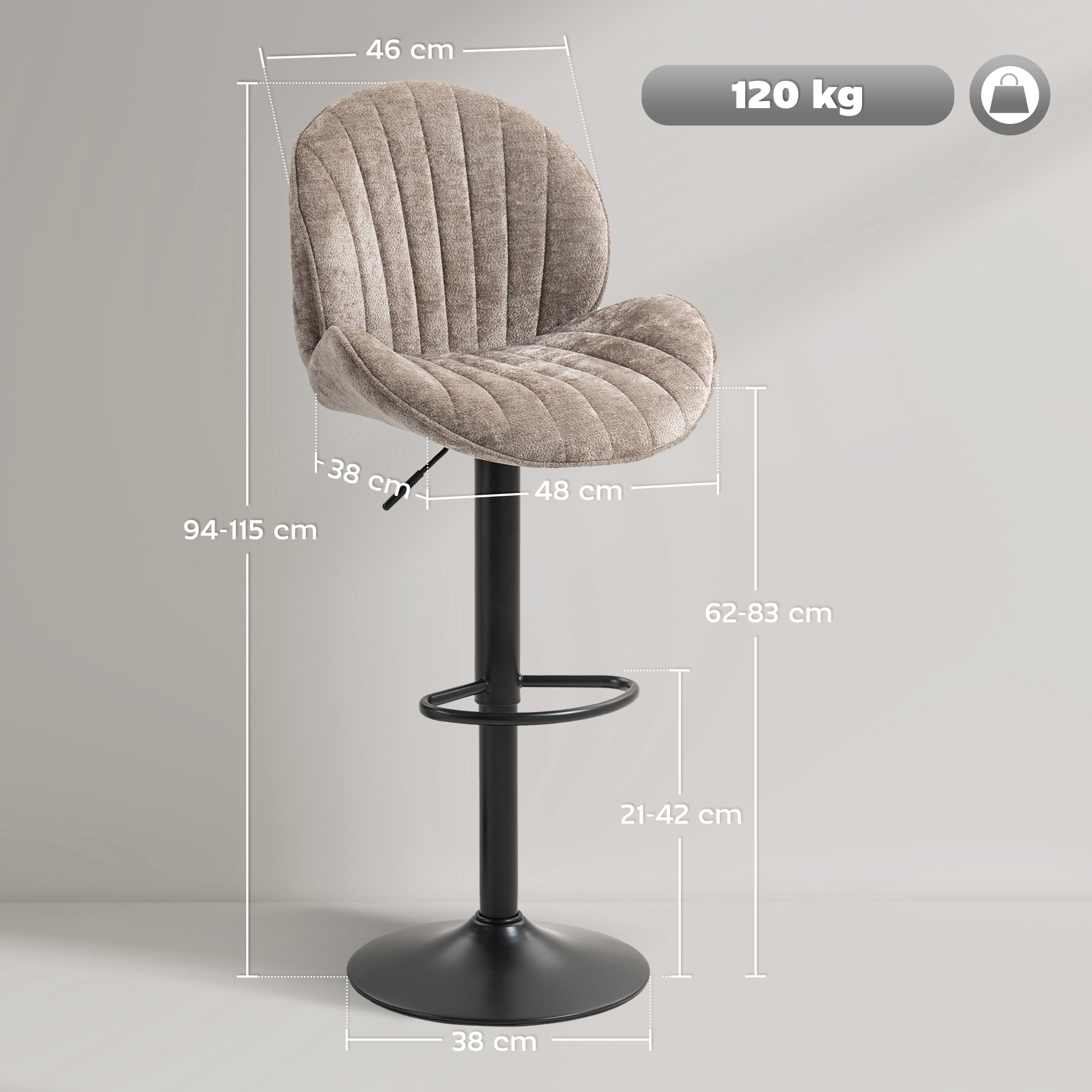 2 baarijakkaran setti, ruskea, chenillekangas, säädettävä korkeus 62-83 cm - Image 3