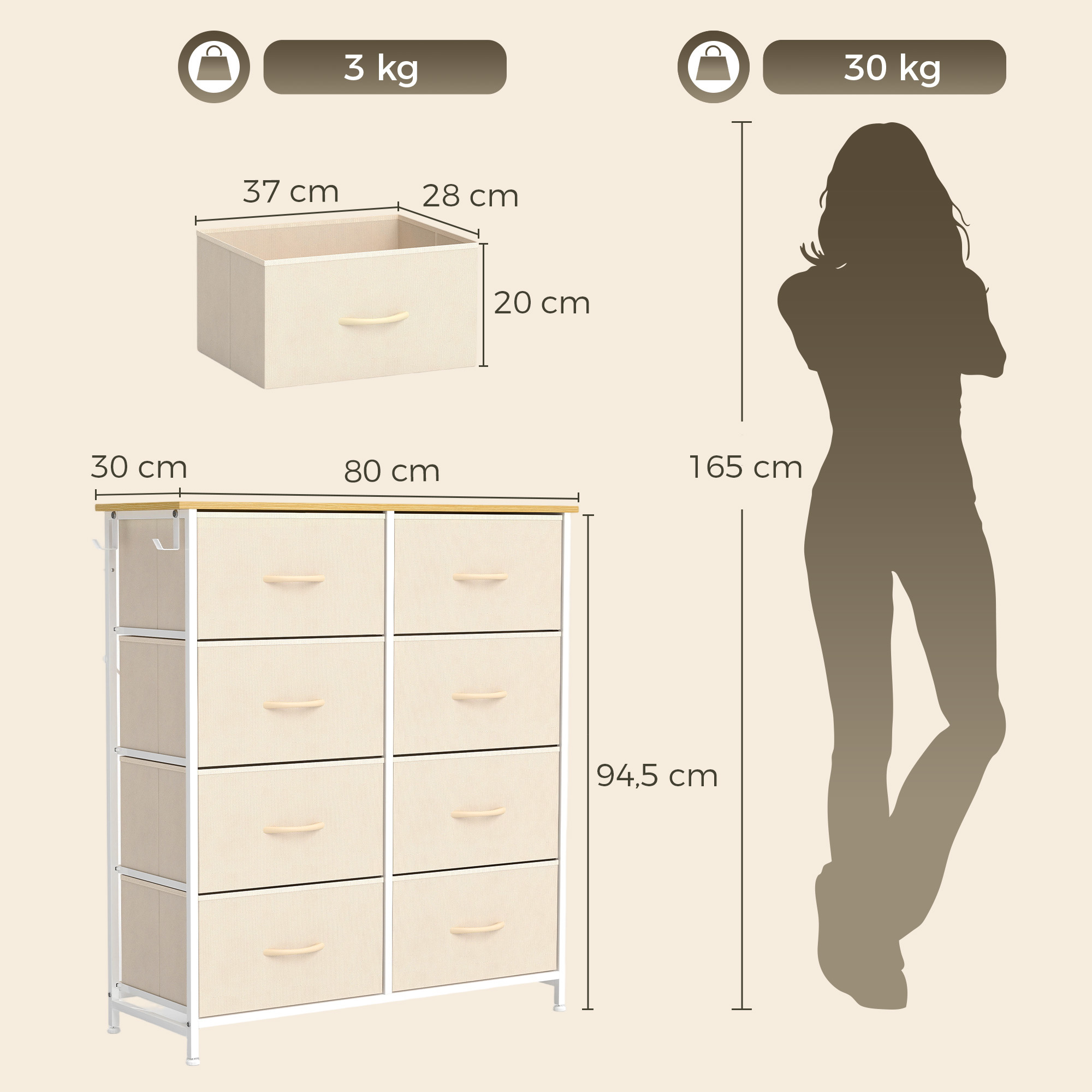 Guļamistabas kumode ar 8 auduma atvilktnēm, tērauda rāmis, bēša, 80 x 30 x 94,5 cm - Image 3