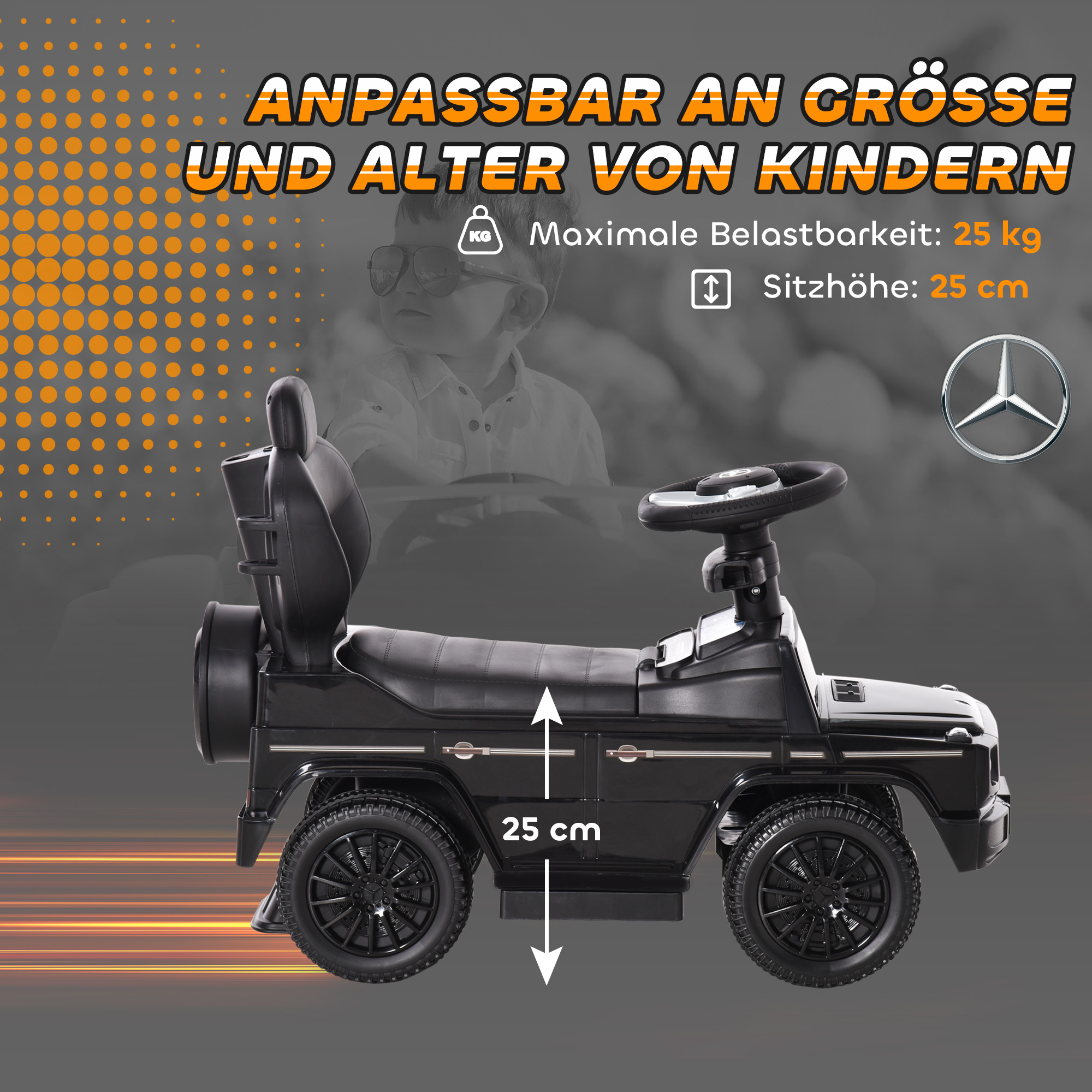 Mercedes-Benz G350 stumiamas važiuoklės automobilis su vairu, 3 viename, juodas, 85,5 x 40,5 x 95 cm - Image 7