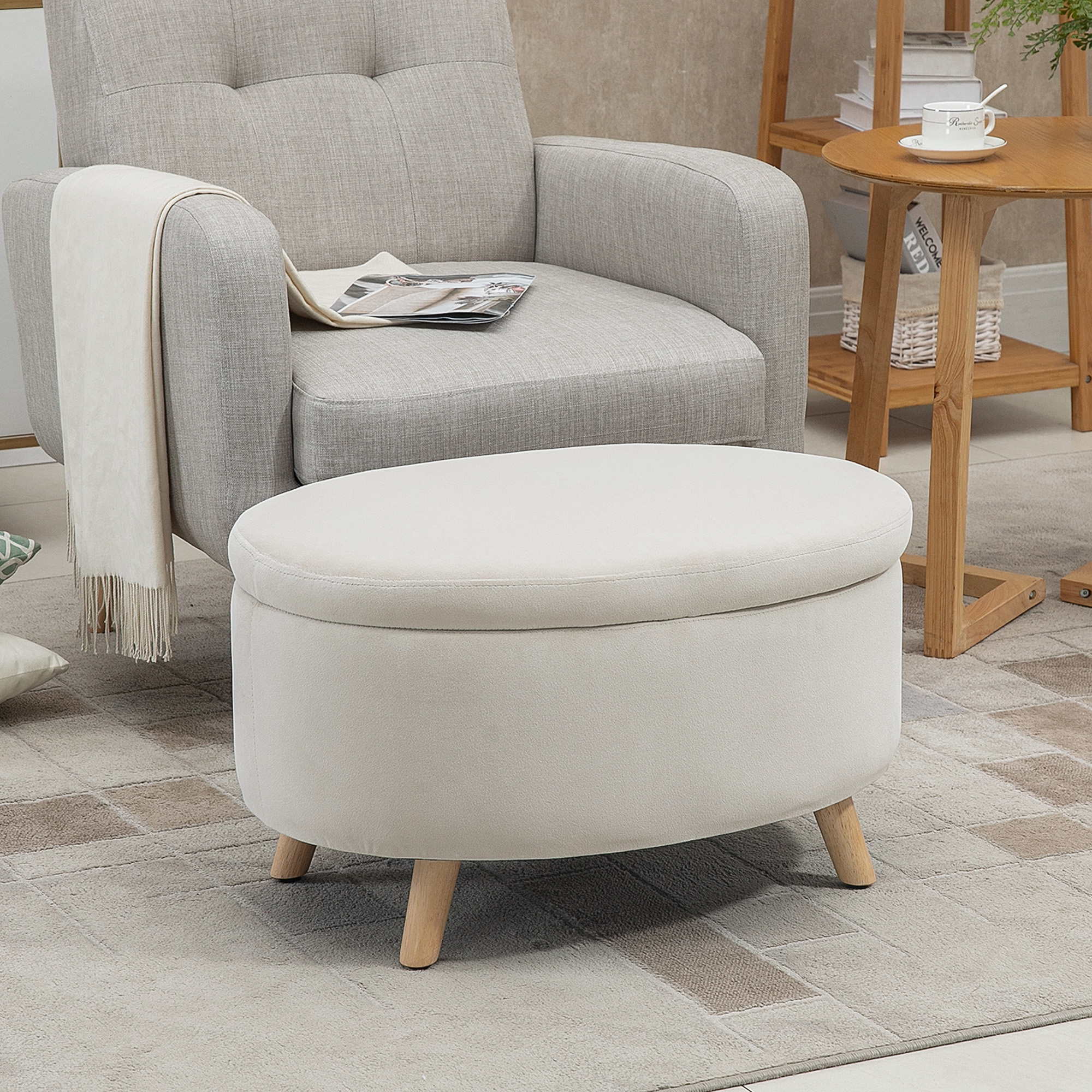 Säilytyslaatikollinen istuinpenkki, ovaali muoto, samettimainen pinta, beige, 71 x 51,5 x 42 cm - Image 2