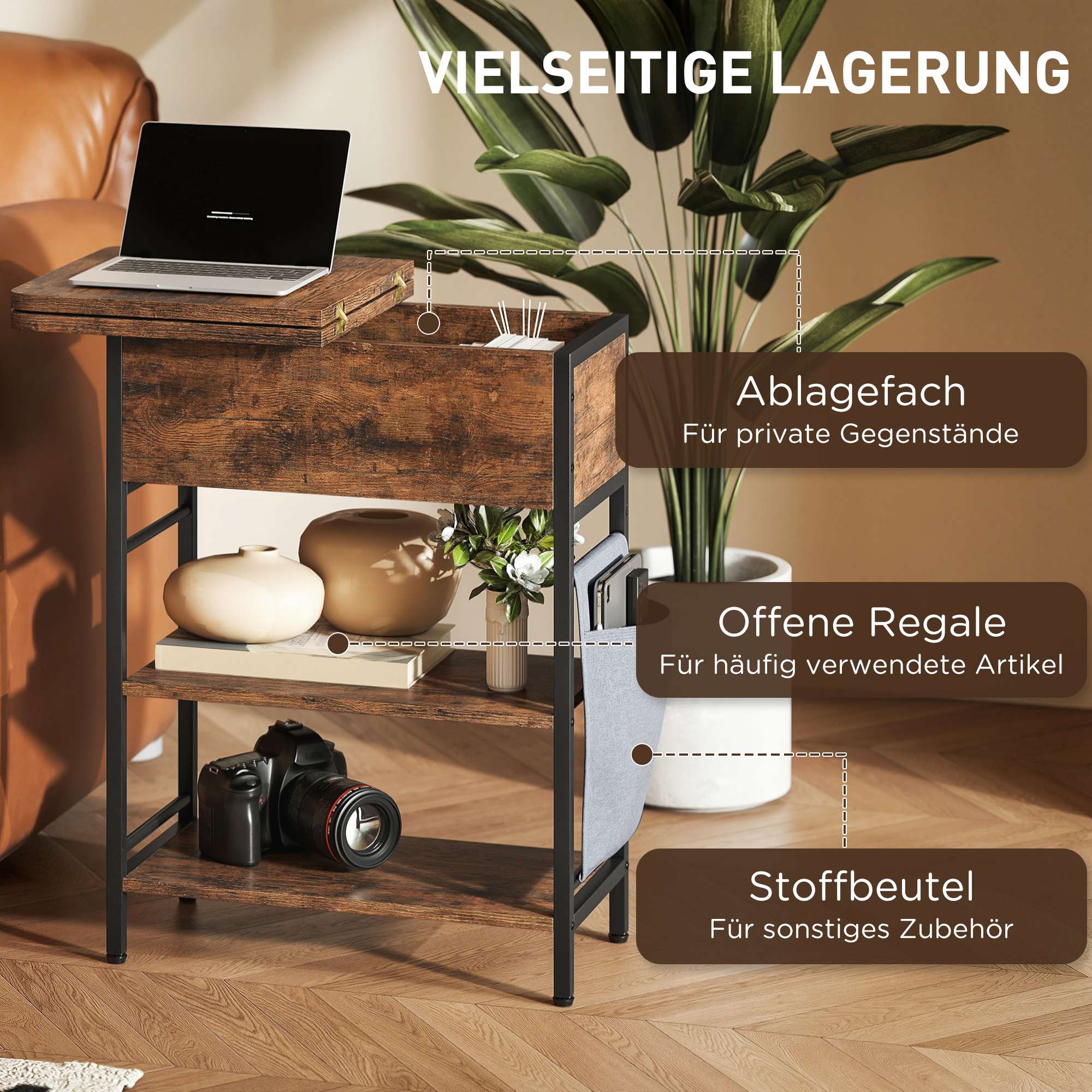 Sānu galdiņš ar uzlādes staciju, 2 līmeņi, USB pieslēgvietas, 60 x 29,8 x 58,5 cm, rustikāli brūns - Image 5