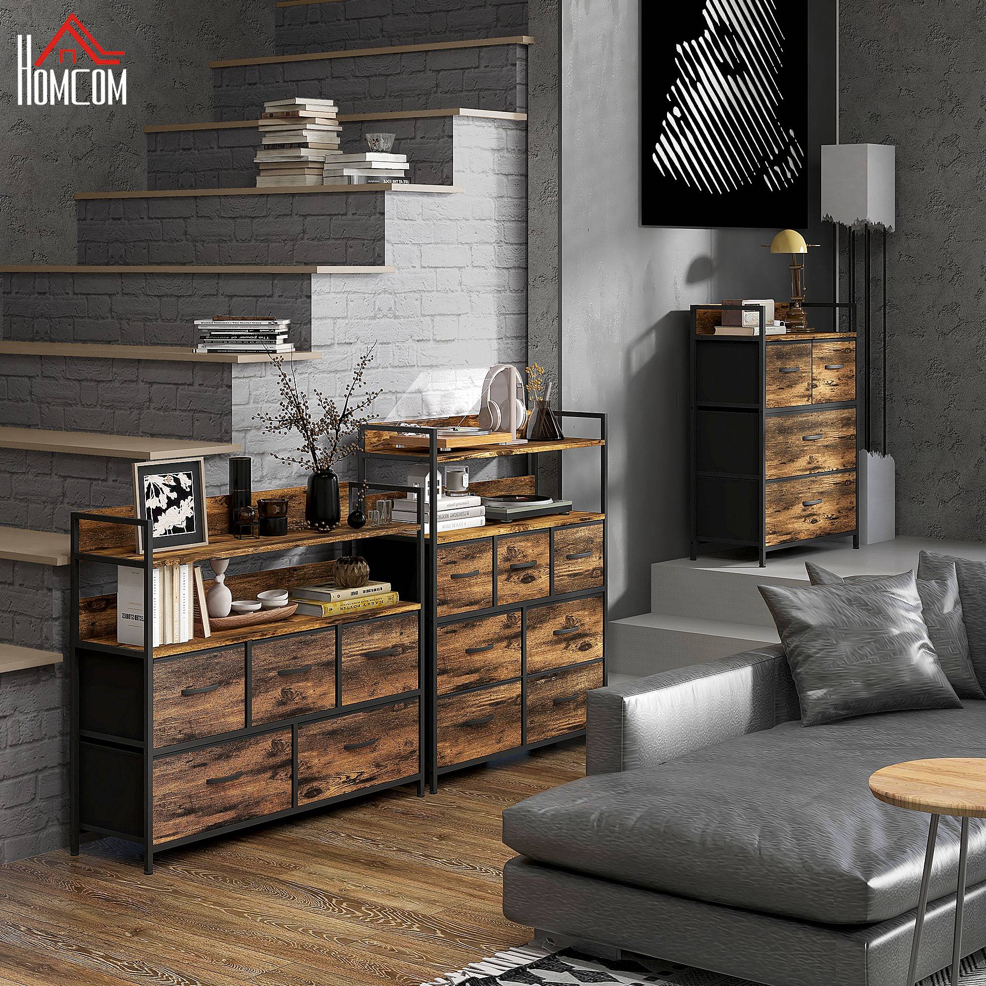 Komoda, 4 medžiaginiai stalčiai, industrinis stilius, 60 x 29 x 85 cm, ruda / juoda - Image 8