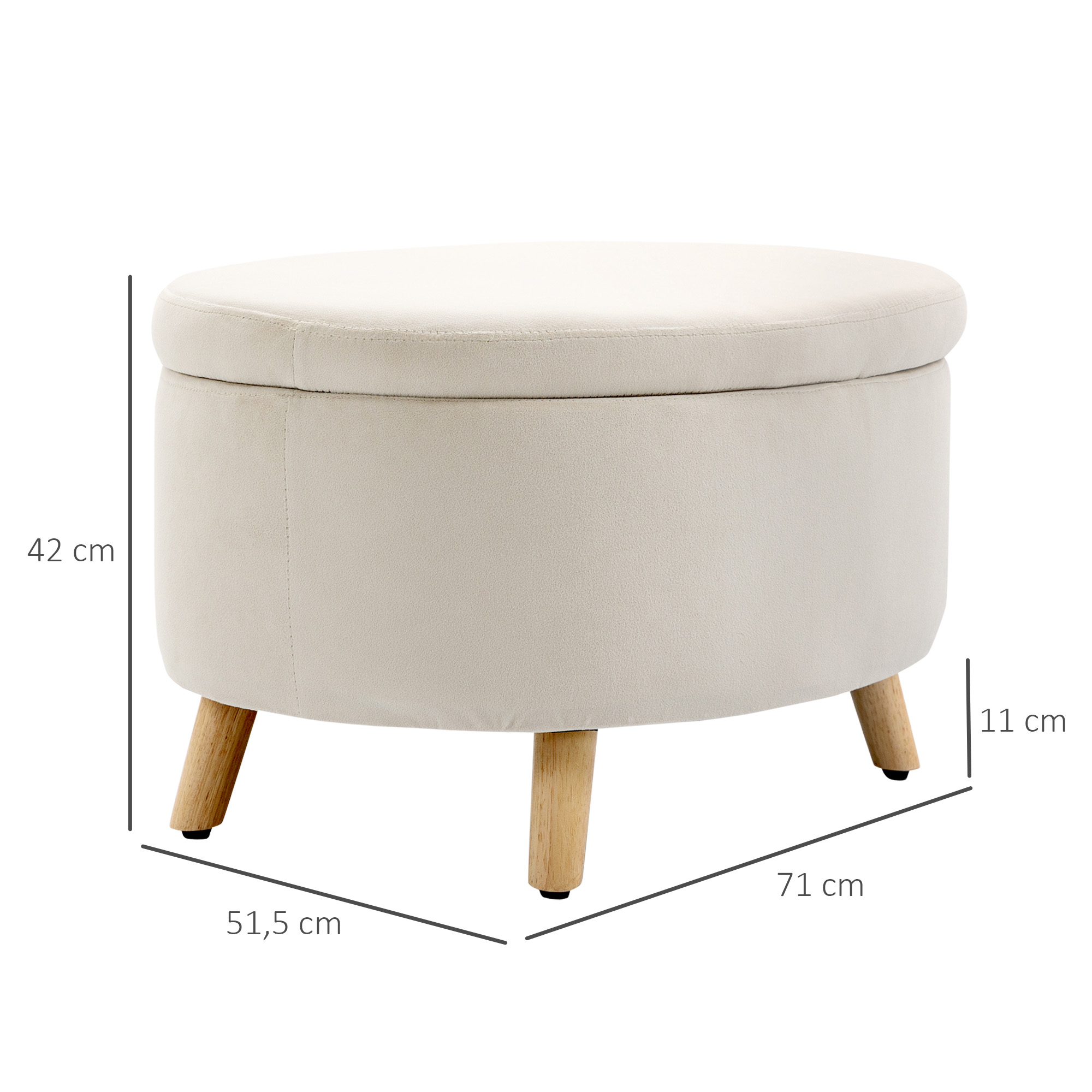 Säilytyslaatikollinen istuinpenkki, ovaali muoto, samettimainen pinta, beige, 71 x 51,5 x 42 cm - Image 3