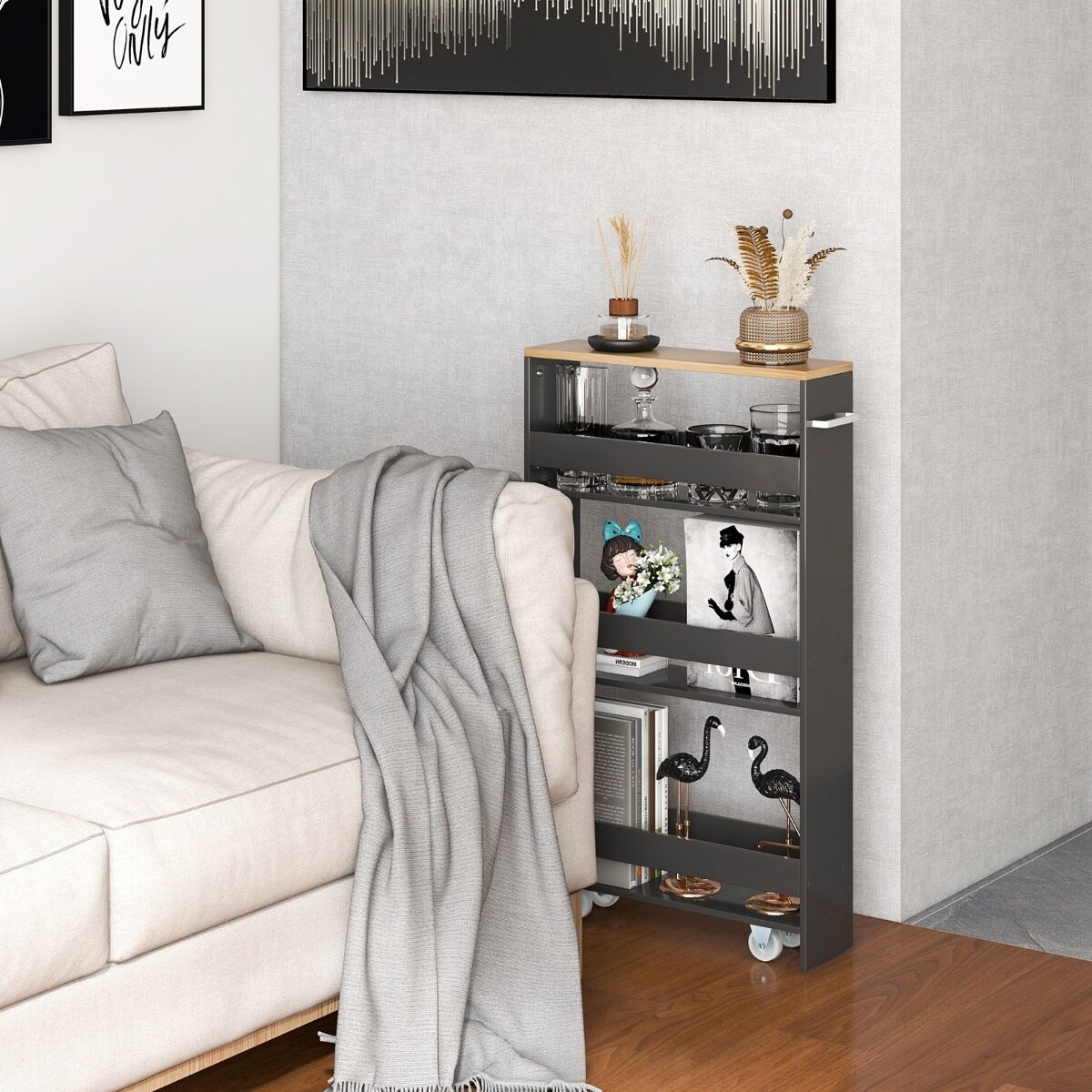 Pyörällinen keittiövaunu hyllyillä, puuta, harmaa + luonnonvärinen, 48 x 12,5 x 81 cm - Image 8