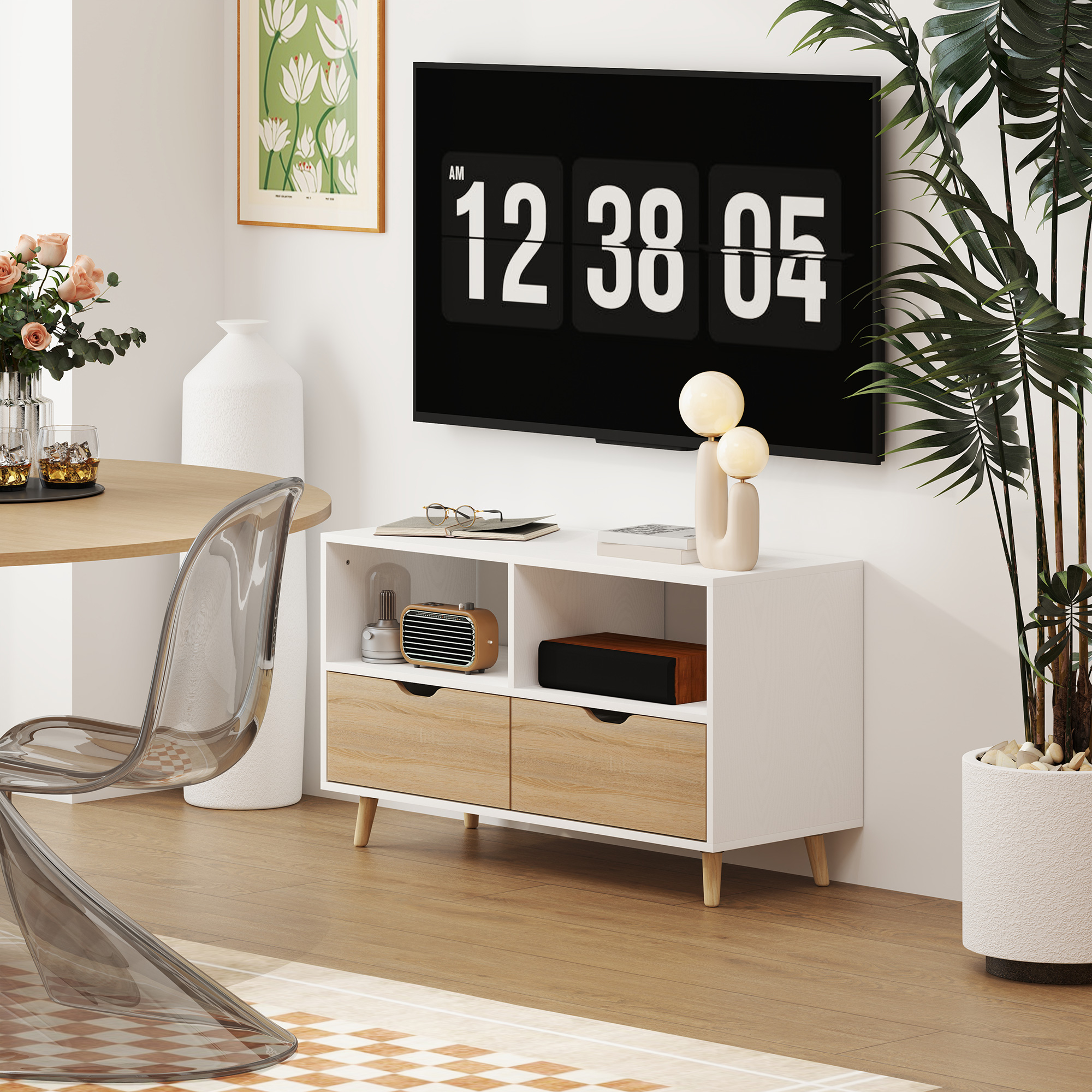 TV spintelė su stalčiais ir atviromis lentynomis, balta, 99 x 39 x 58,3 cm - Image 7