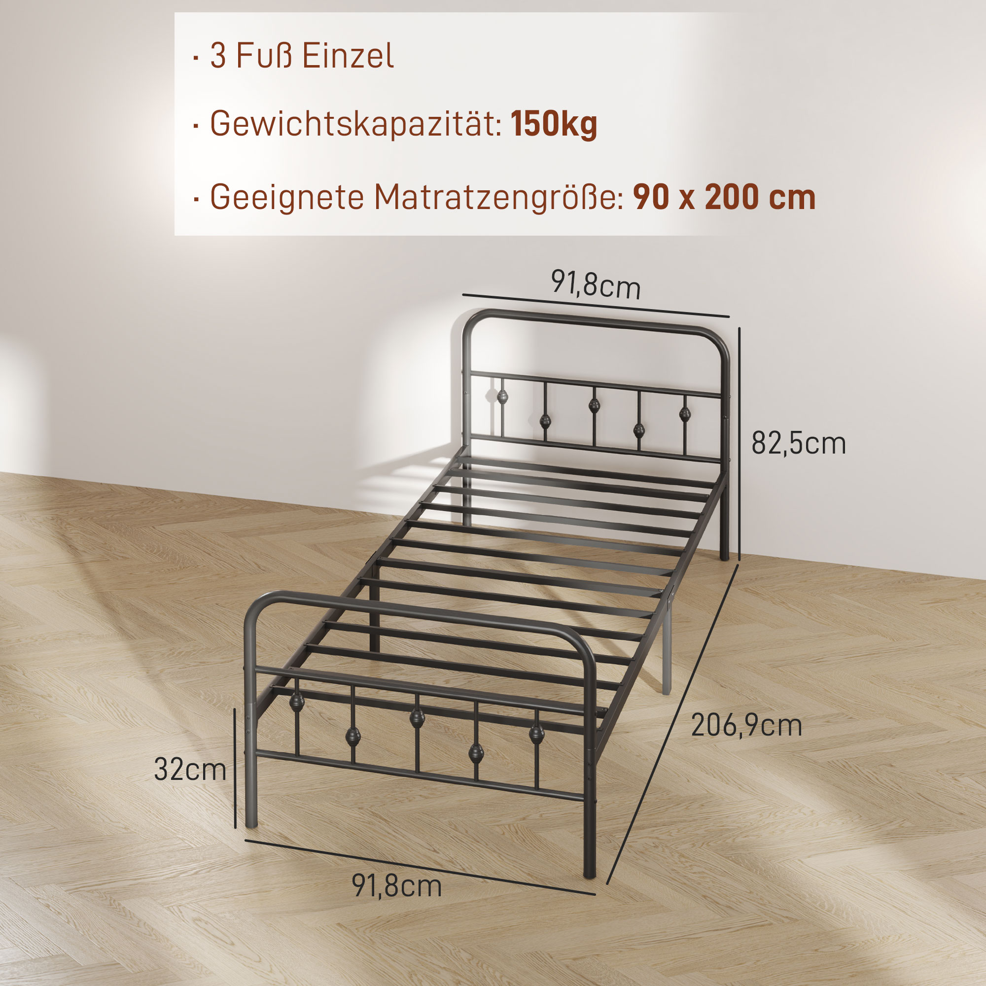 Vienguļamās gultas rāmis, metāla, melns, 206,9 x 91,8 x 82,5 cm - Image 3