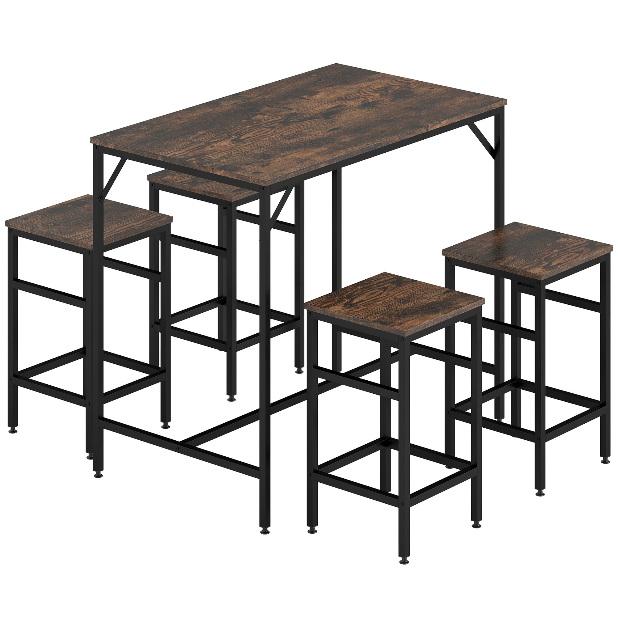 5-osaline baarilaua komplekt 4 taburetiga, rustikaalpruun ja must, MDF ja teras, 100 x 60 x 88 cm