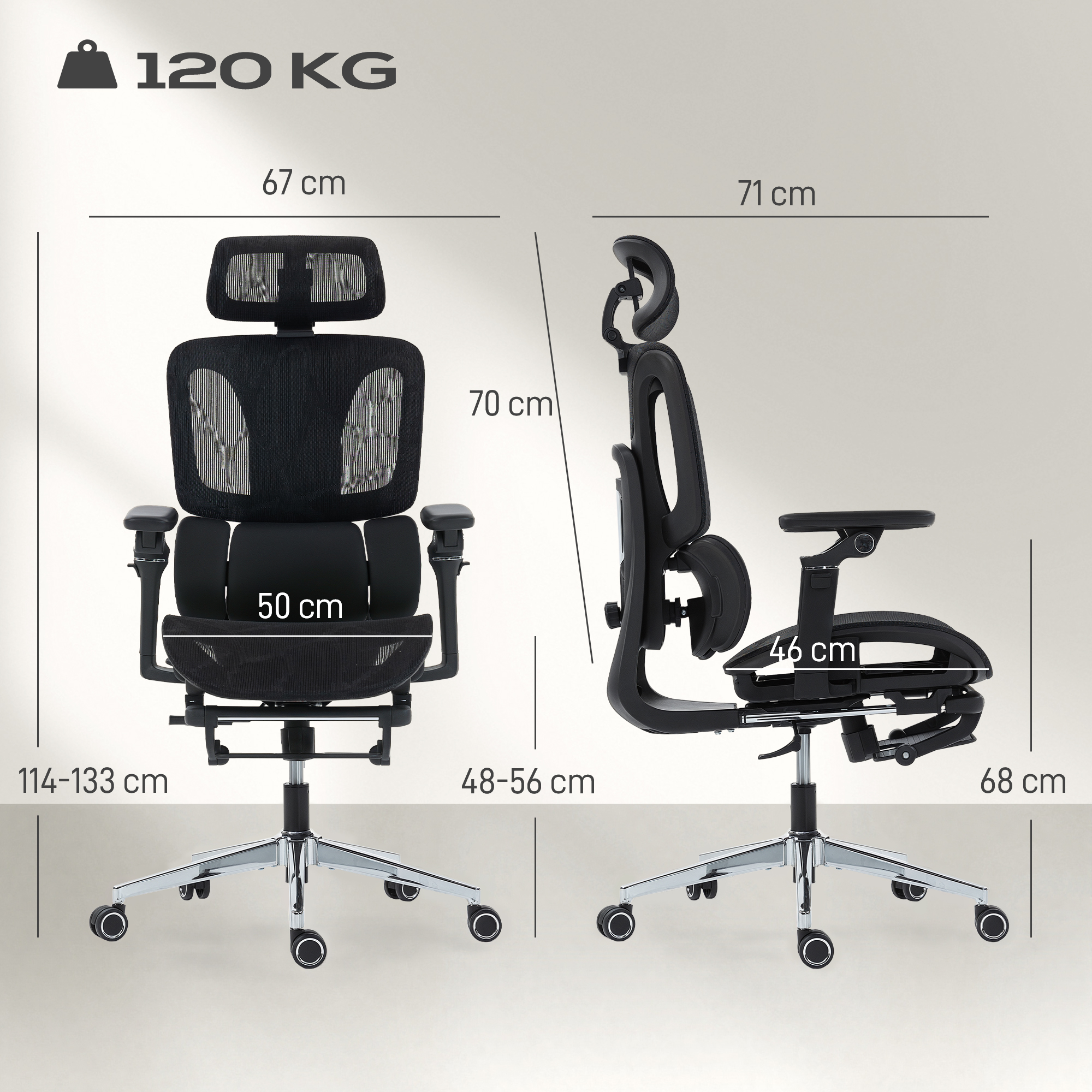 Ergonomisks biroja krēsls ar kāju balstu, sieta audums, melns, 67 x 71 x 114-133 cm - Image 3