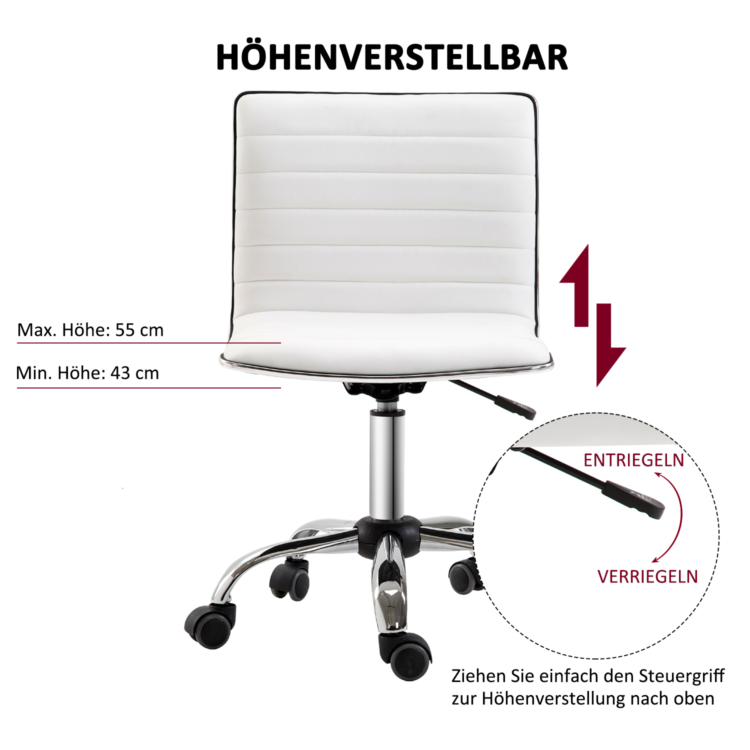Salona krēsls ar atzveltni, regulējams augstums, tērauds / PU, balts, 48 x 52 x 78-90 cm - Image 5