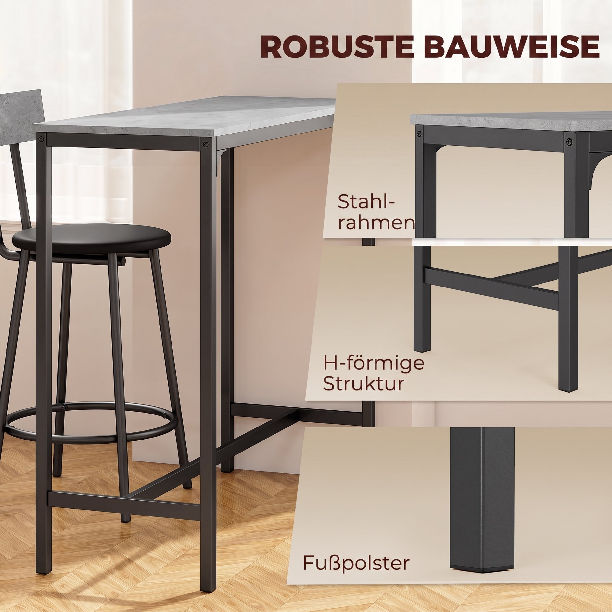 Bāra galda komplekts ar 2 polsterētām taburetēm, pelēks, 100 x 40 x 90,5 cm - Image 7