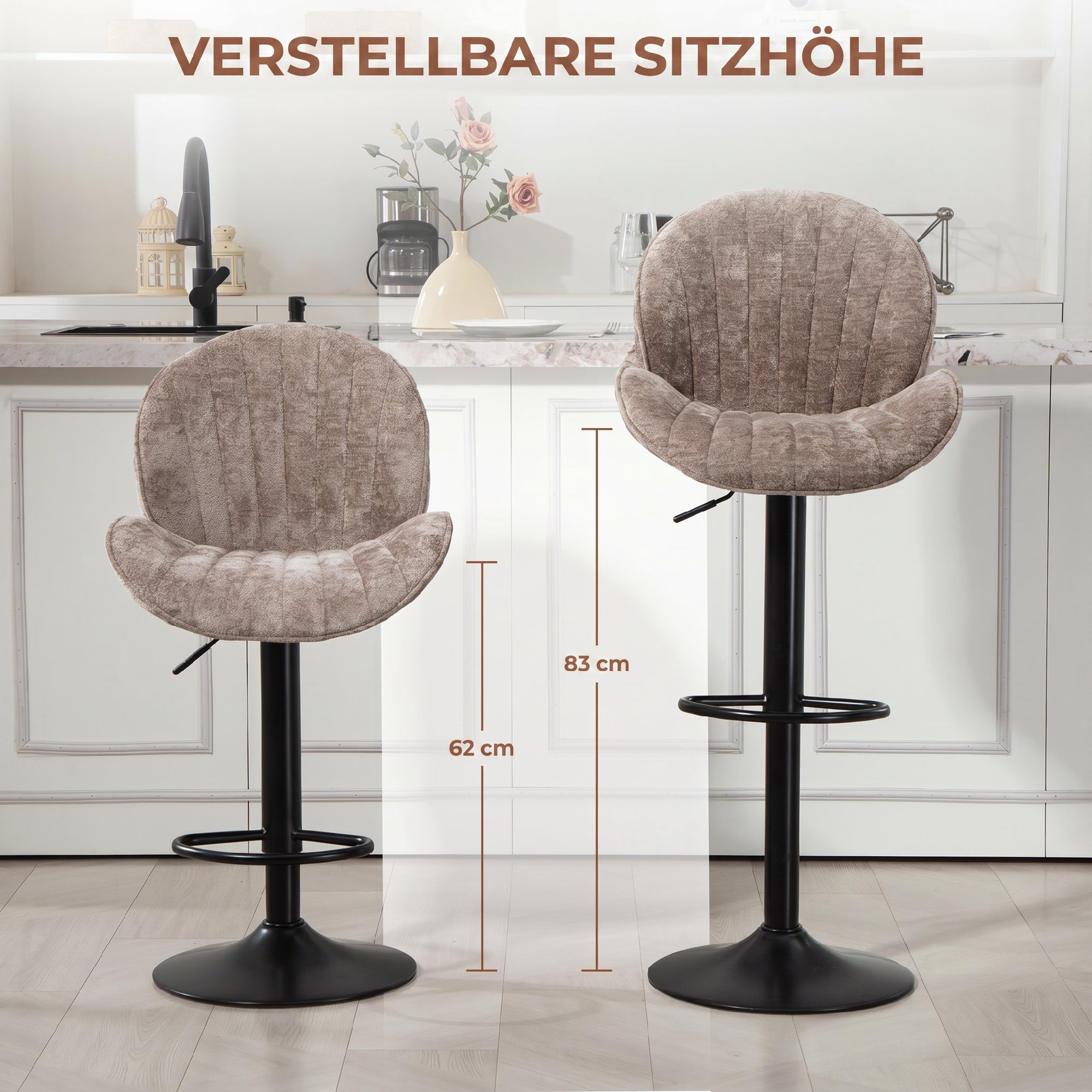 2 baarijakkaran setti, ruskea, chenillekangas, säädettävä korkeus 62-83 cm - Image 5